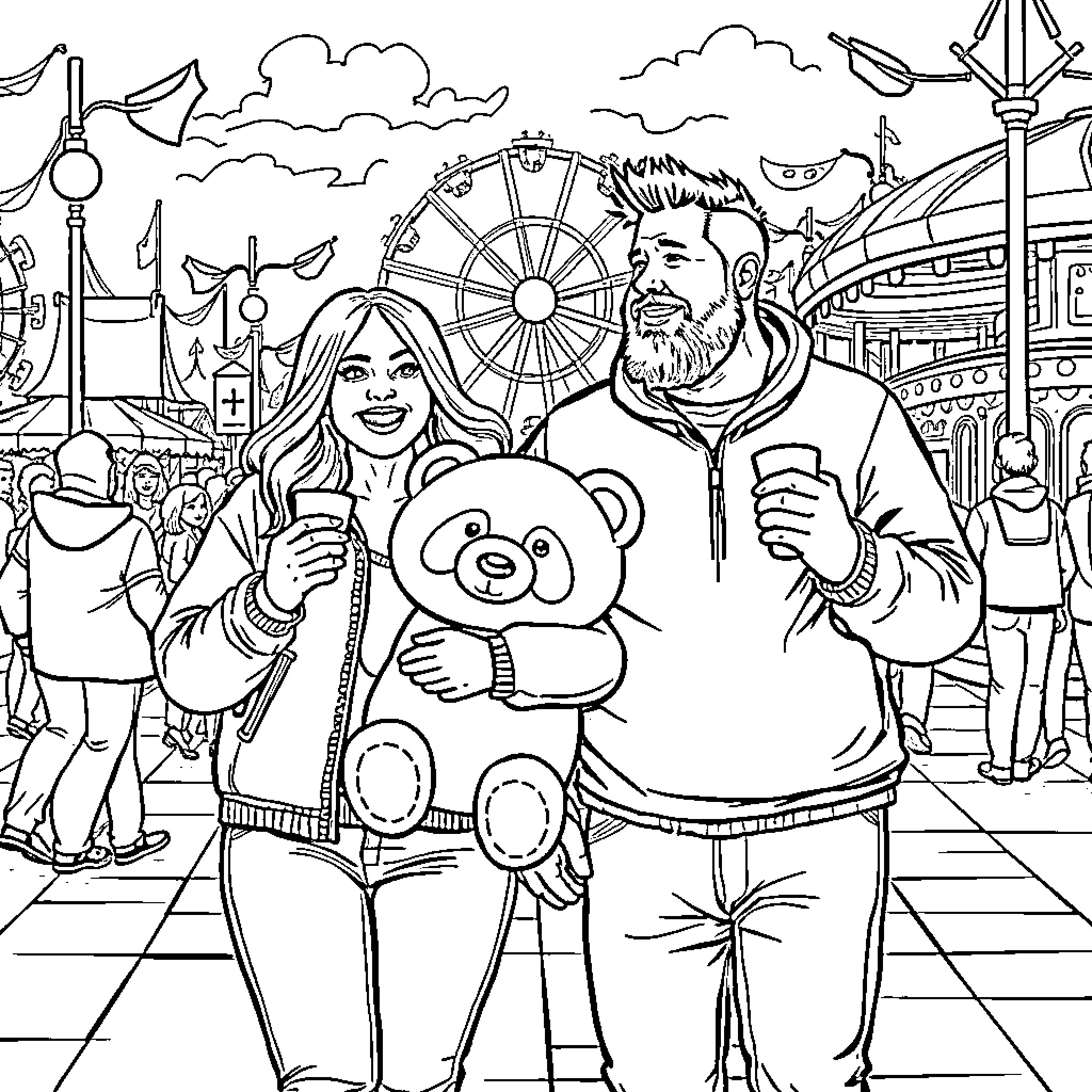 Love at the Carnival: Joyful Couple Embracing Coloring Page (free black-and-white line drawing printable PDF for all, from beginners to advanced learners, including children, teens, adults, and seniors)