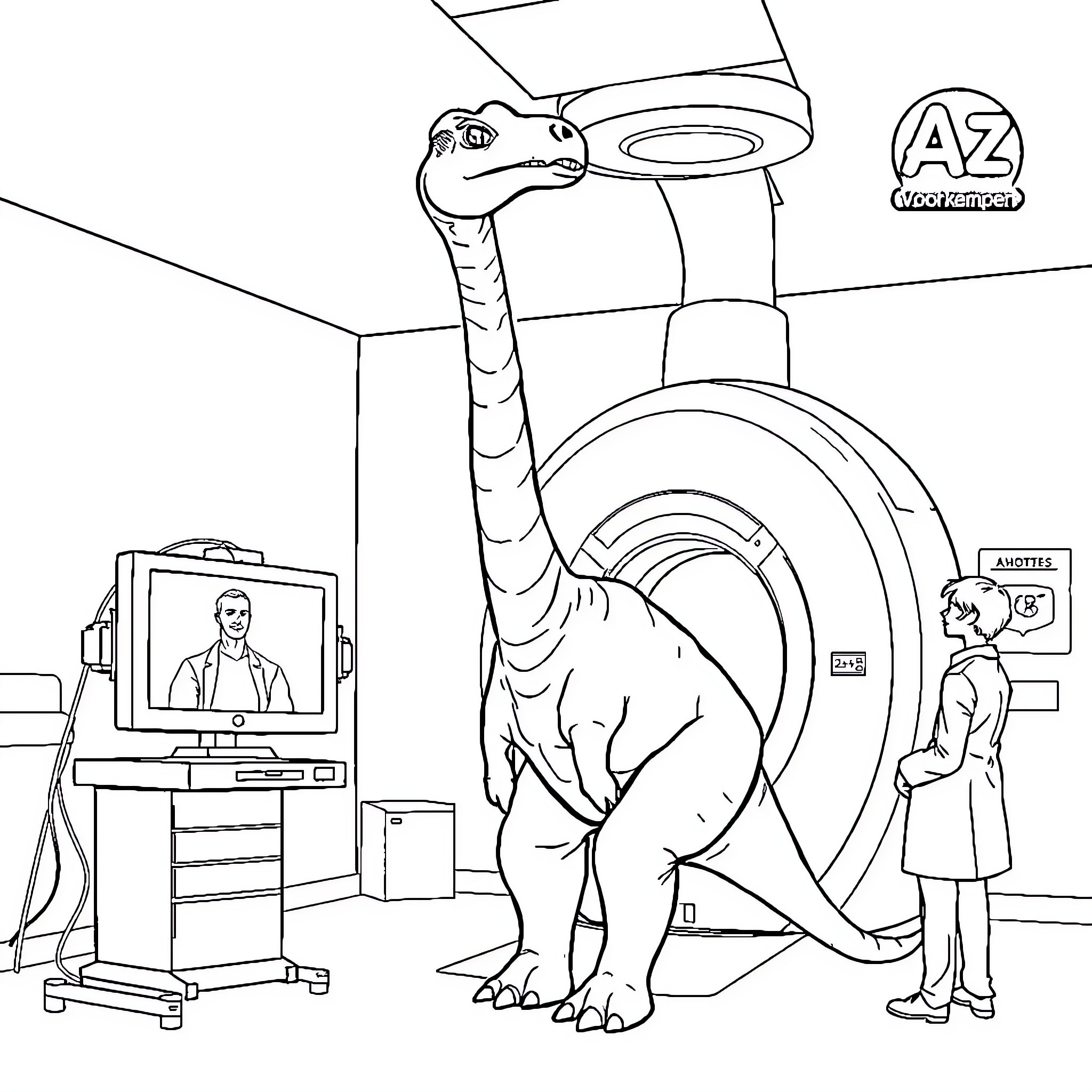 Brachiosaurus undergoes medical examination in a laboratory Coloring Page (free black-and-white line drawing printable PDF for all, from beginners to advanced learners, including children, teens, adults, and seniors)