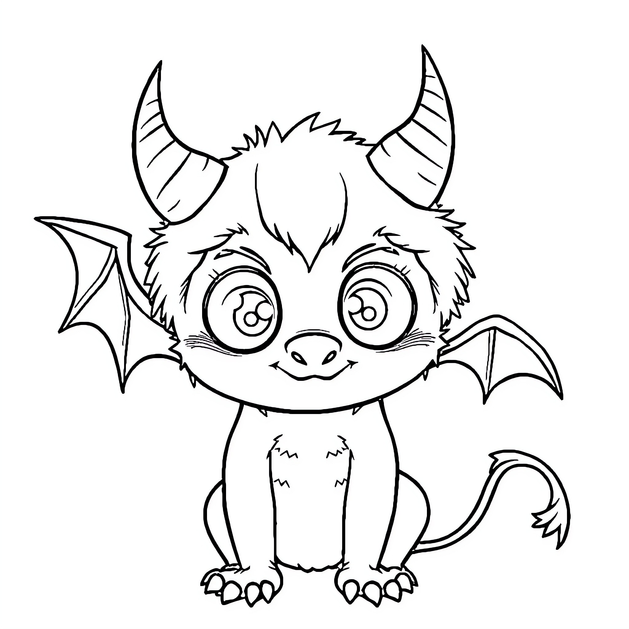 Demon Animal Cute Bat Creature with Horns Coloring Page (free black-and-white line drawing printable PDF for all, from beginners to advanced learners, including children, teens, adults, and seniors)