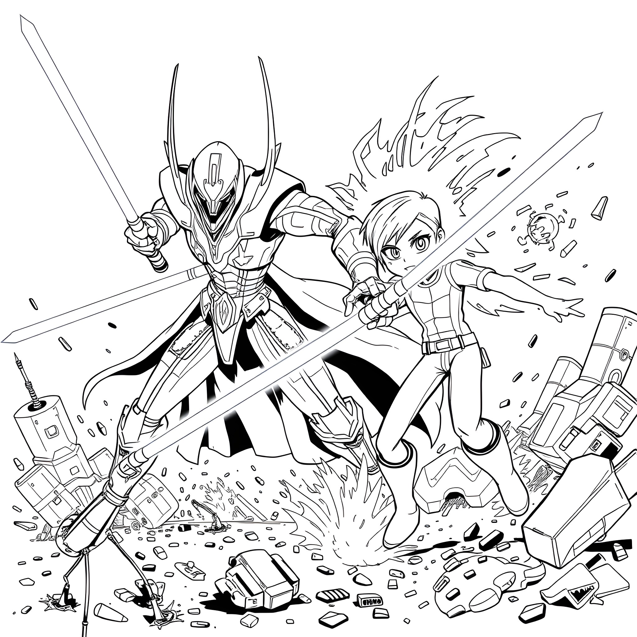 General Grievous Battles Heroic Warrior in Intense Clash Coloring Page (free black-and-white line drawing printable PDF for all, from beginners to advanced learners, including children, teens, adults, and seniors)