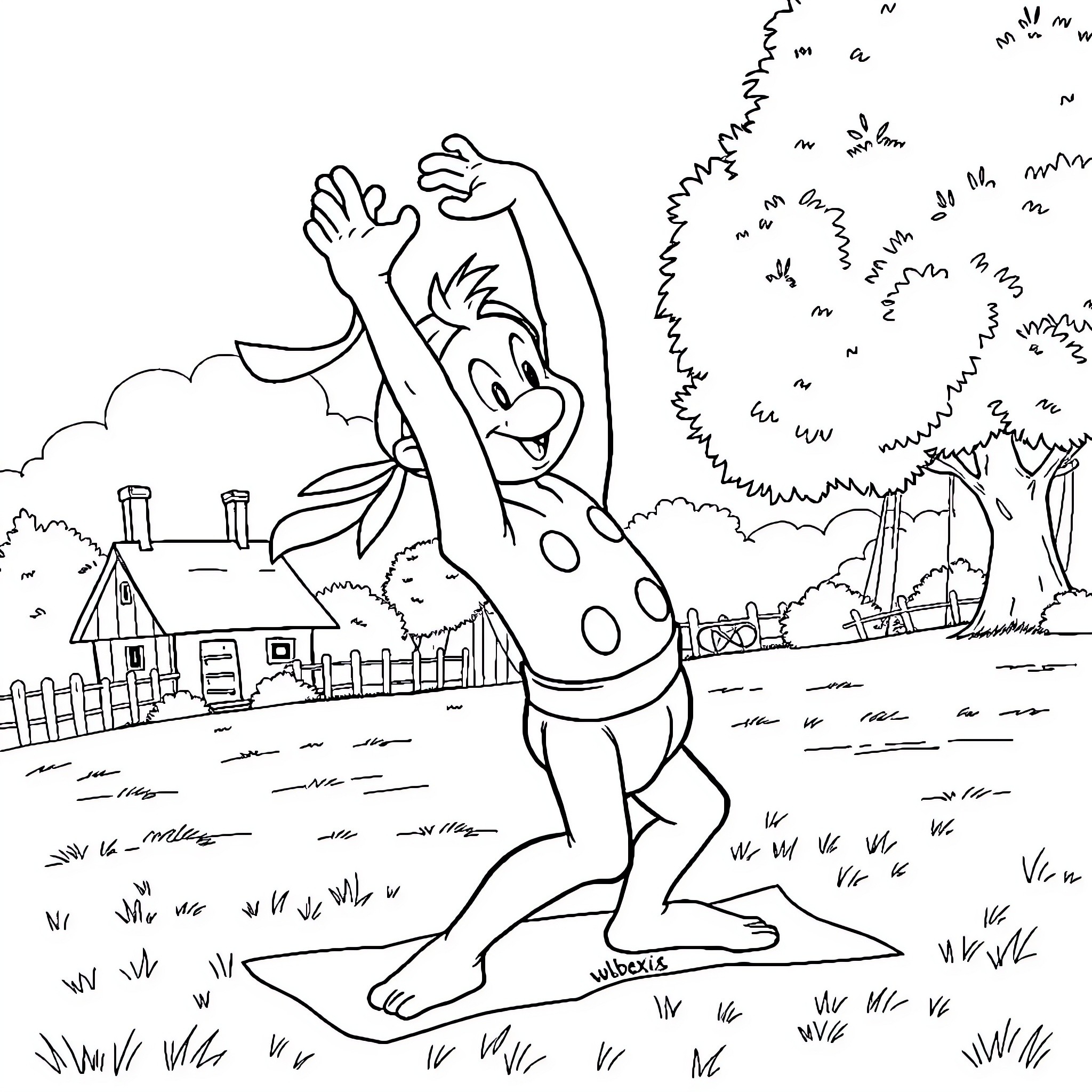 Obelix happily dancing in the countryside Coloring Page (free black-and-white line drawing printable PDF for all, from beginners to advanced learners, including children, teens, adults, and seniors)