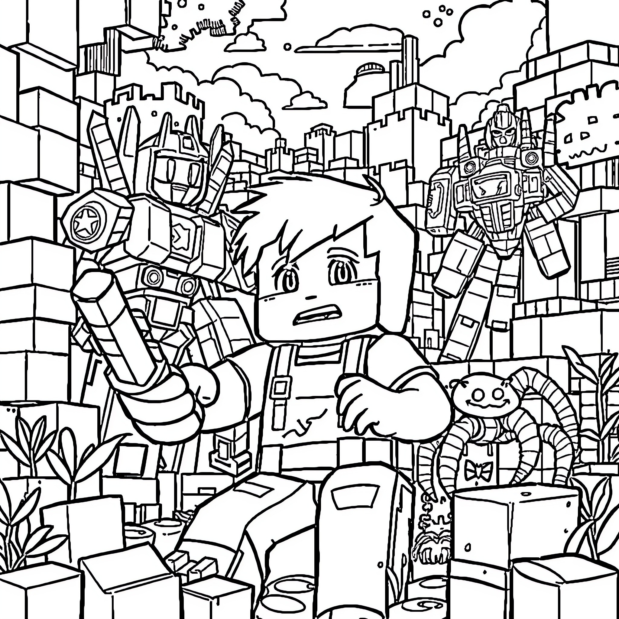 Minecraft Characters Facing Challenges in Cityscape Coloring Page (free black-and-white line drawing printable PDF for all, from beginners to advanced learners, including children, teens, adults, and seniors)
