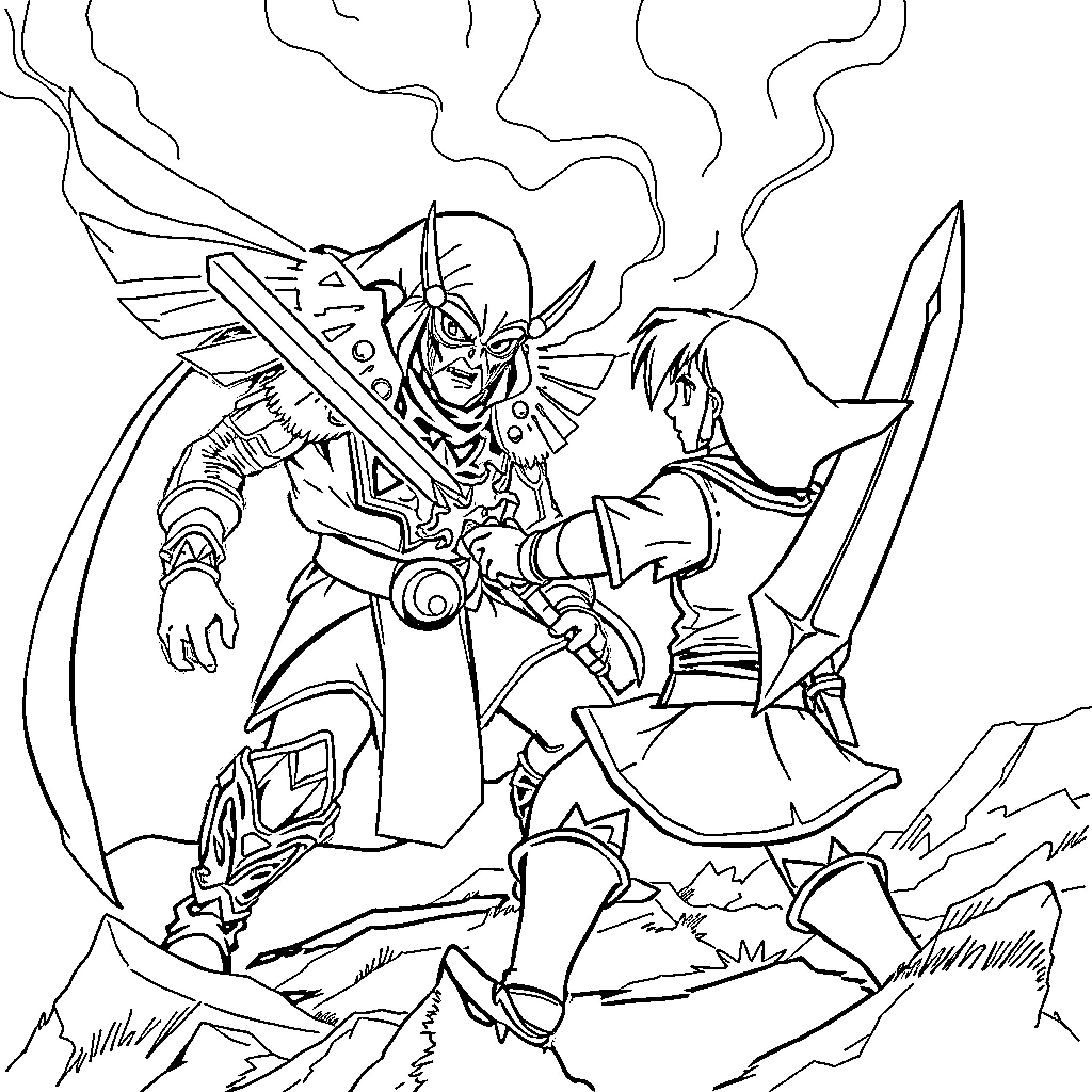 Link battling courageously with sword and shield Coloring Page (free black-and-white line drawing printable PDF for all, from beginners to advanced learners, including children, teens, adults, and seniors)