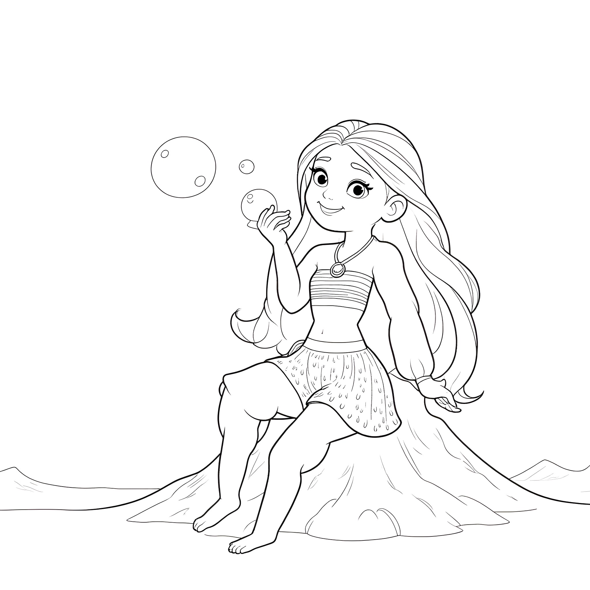Moana blowing bubbles on the beach Coloring Page (free black-and-white line drawing printable PDF for all, from beginners to advanced learners, including children, teens, adults, and seniors)
