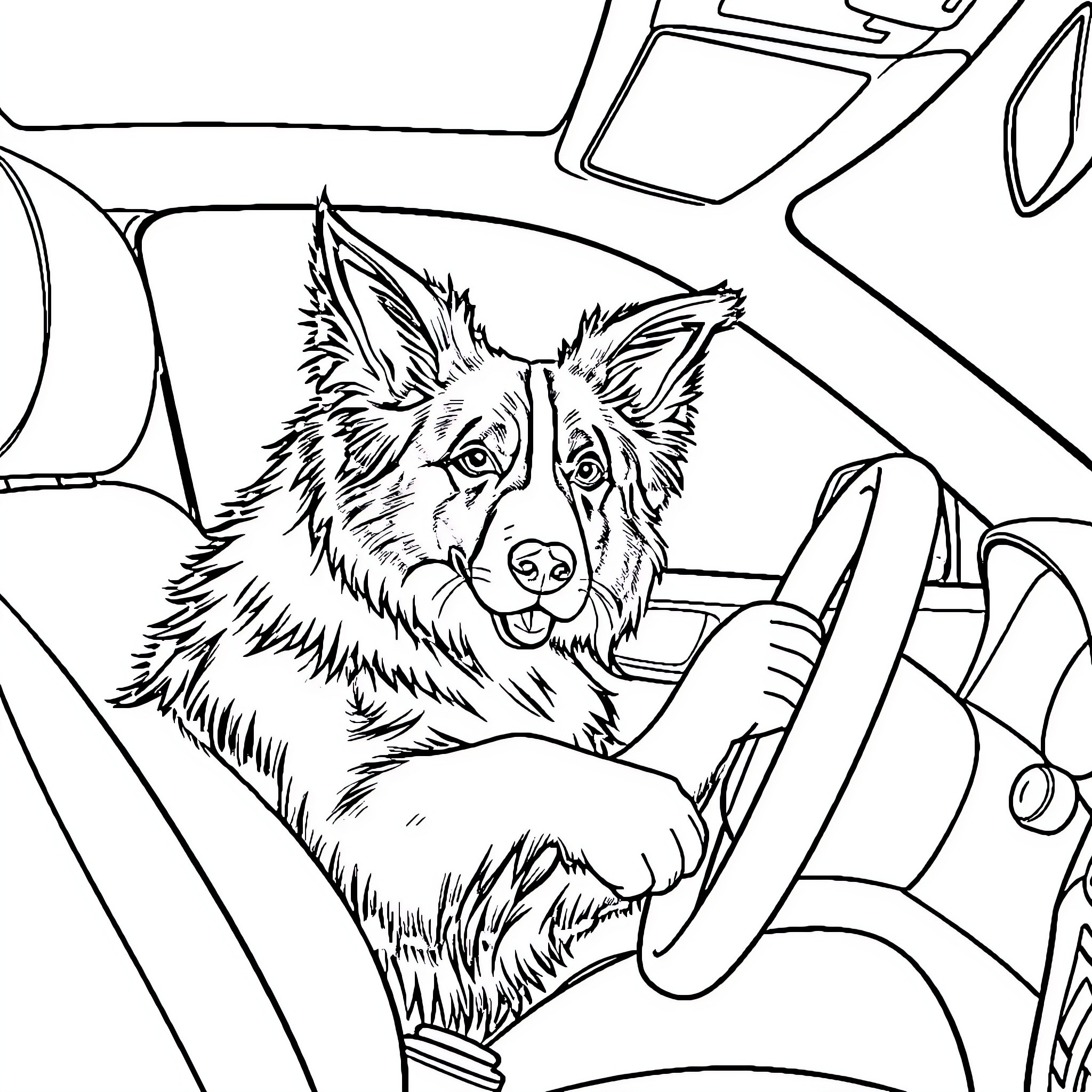 Border Collie happily riding in a car Coloring Page (free black-and-white line drawing printable PDF for all, from beginners to advanced learners, including children, teens, adults, and seniors)