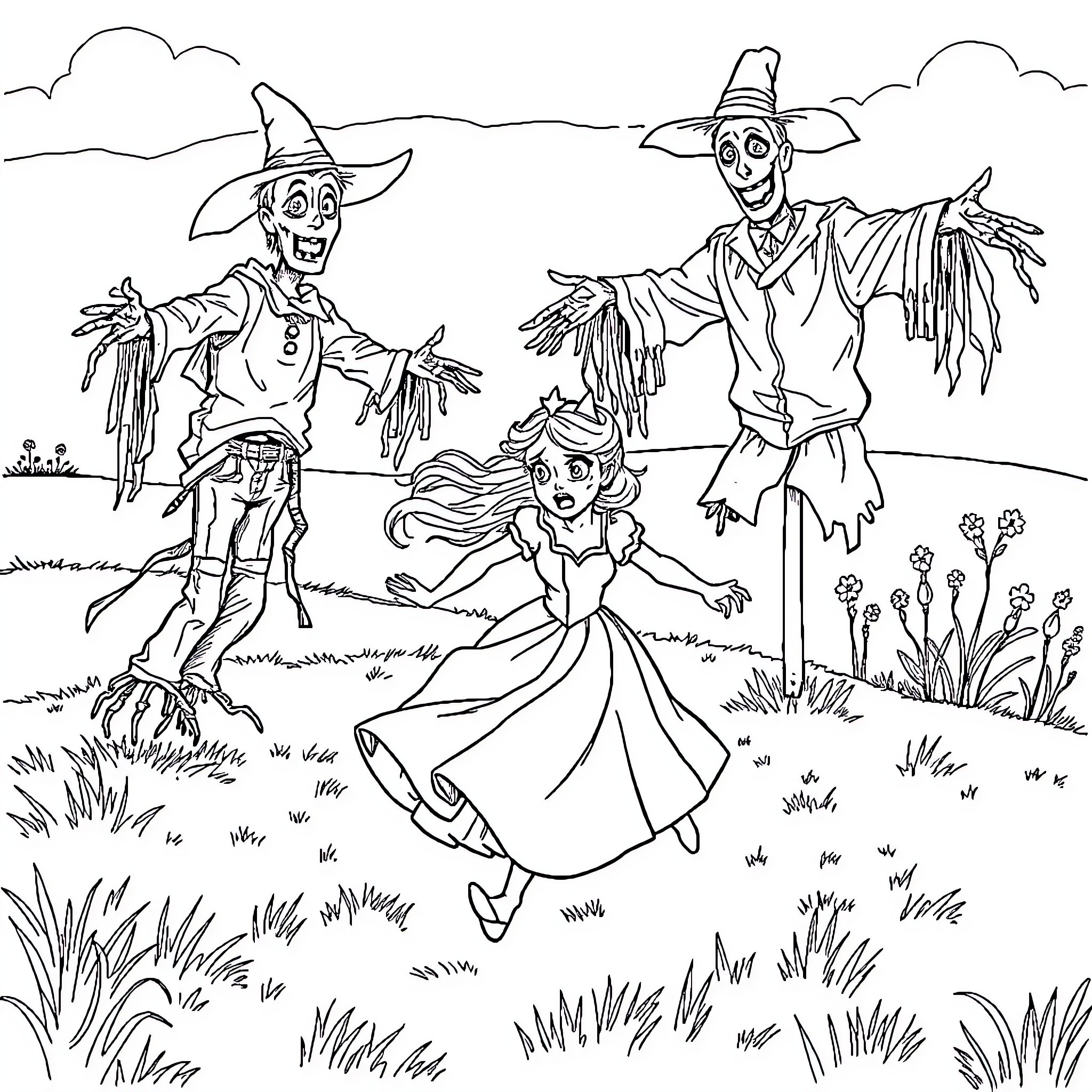 Princess dancing happily with scarecrow companions Coloring Page (free black-and-white line drawing printable PDF for all, from beginners to advanced learners, including children, teens, adults, and seniors)