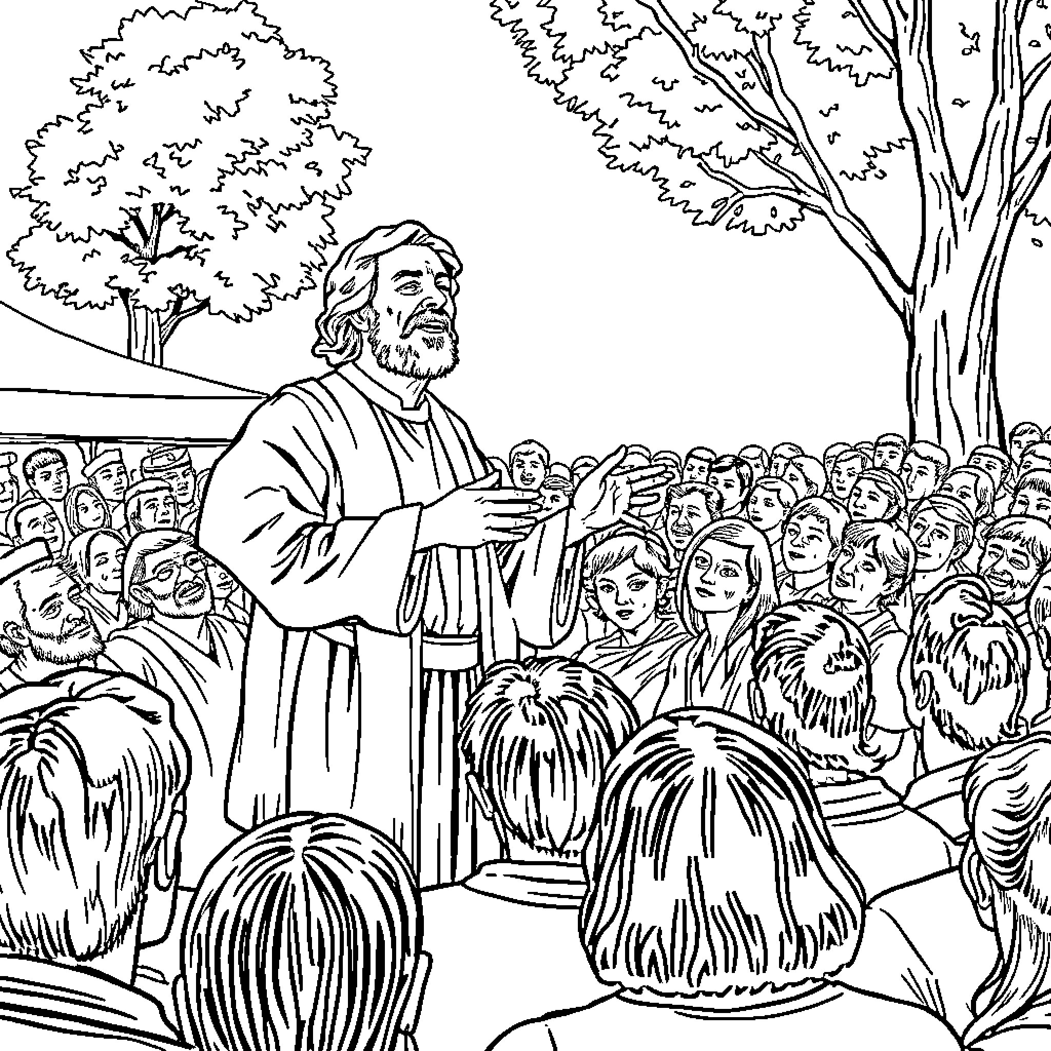 John Wesley Preaching to a Crowd in a Pastoral Setting Coloring Page (free black-and-white line drawing printable PDF for all, from beginners to advanced learners, including children, teens, adults, and seniors)