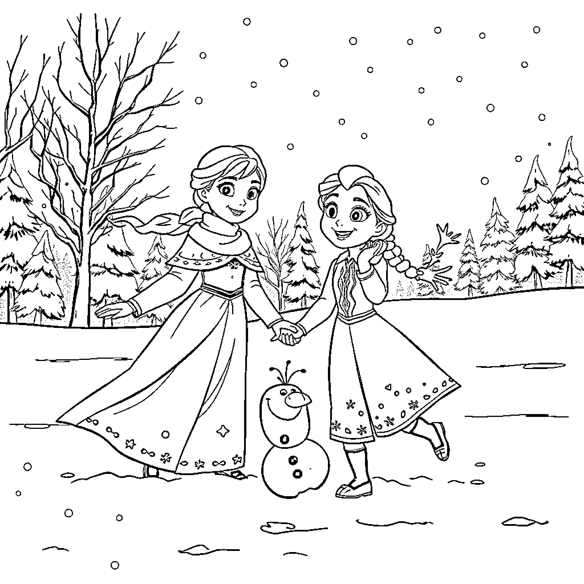 Elsa and Anna playing in the snow with Olaf Coloring Page (free black-and-white line drawing printable PDF for all, from beginners to advanced learners, including children, teens, adults, and seniors)