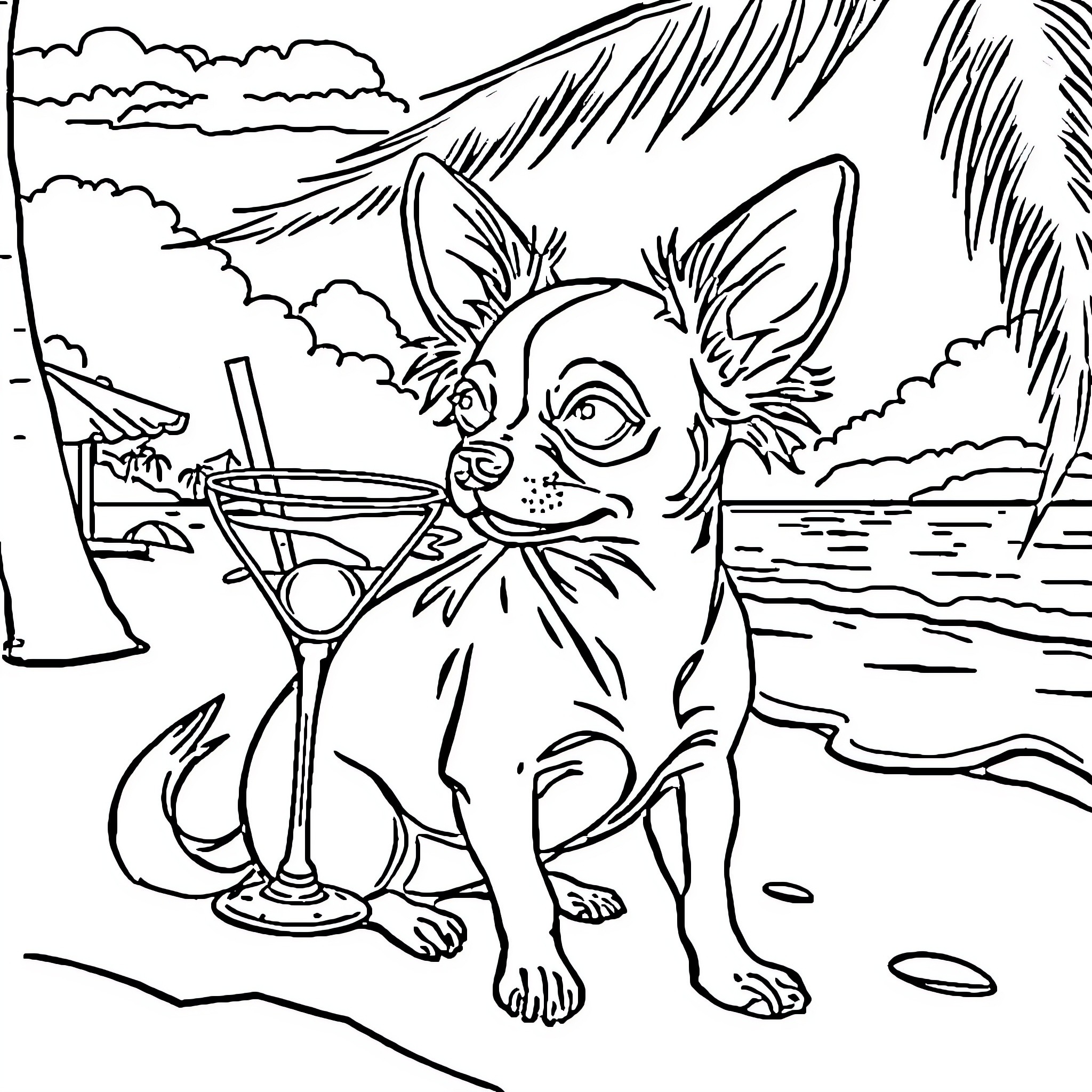 Chihuahua enjoying tropical beach scene with cocktail Coloring Page (free black-and-white line drawing printable PDF for all, from beginners to advanced learners, including children, teens, adults, and seniors)