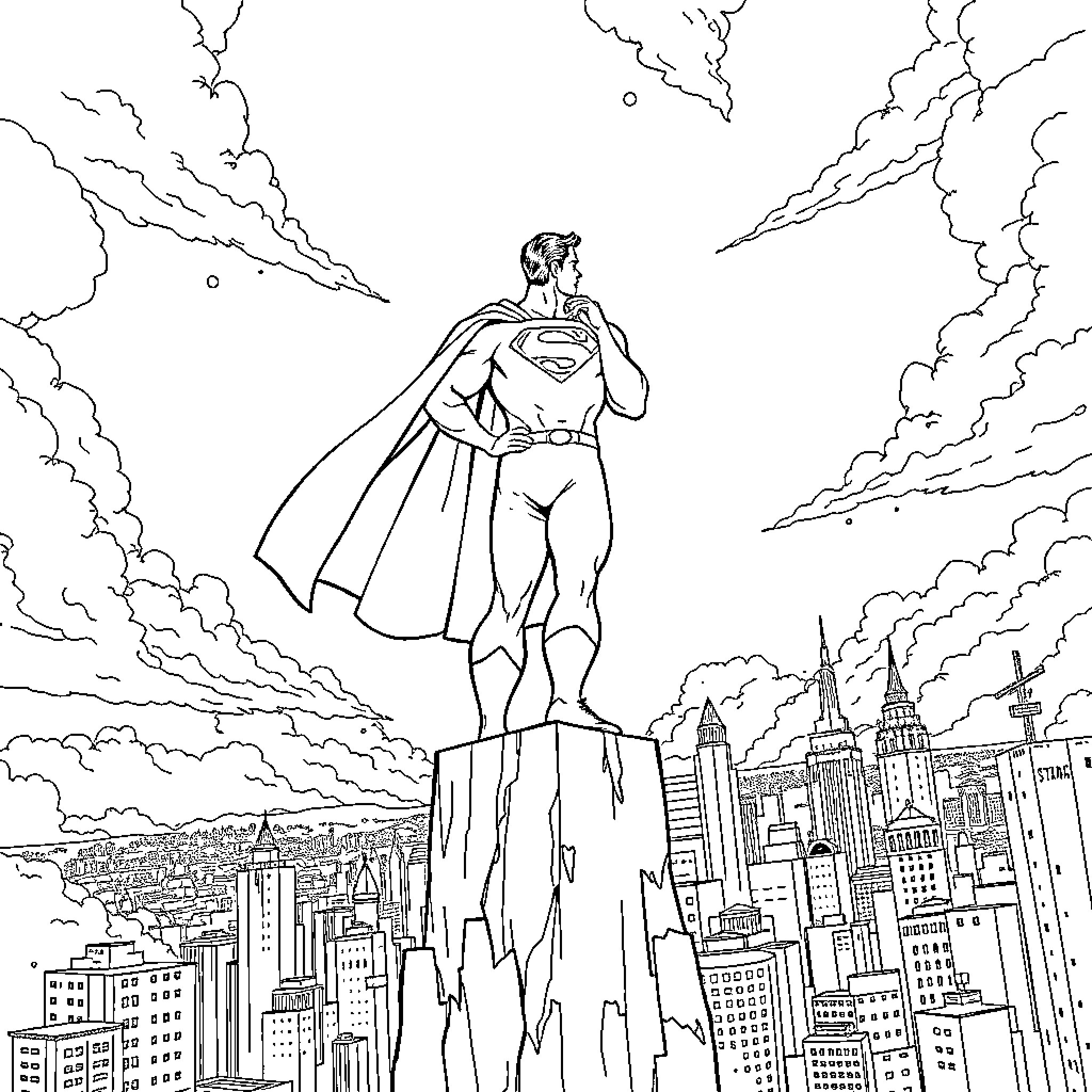 Superman soaring over the city skyline Coloring Page (free black-and-white line drawing printable PDF for all, from beginners to advanced learners, including children, teens, adults, and seniors)