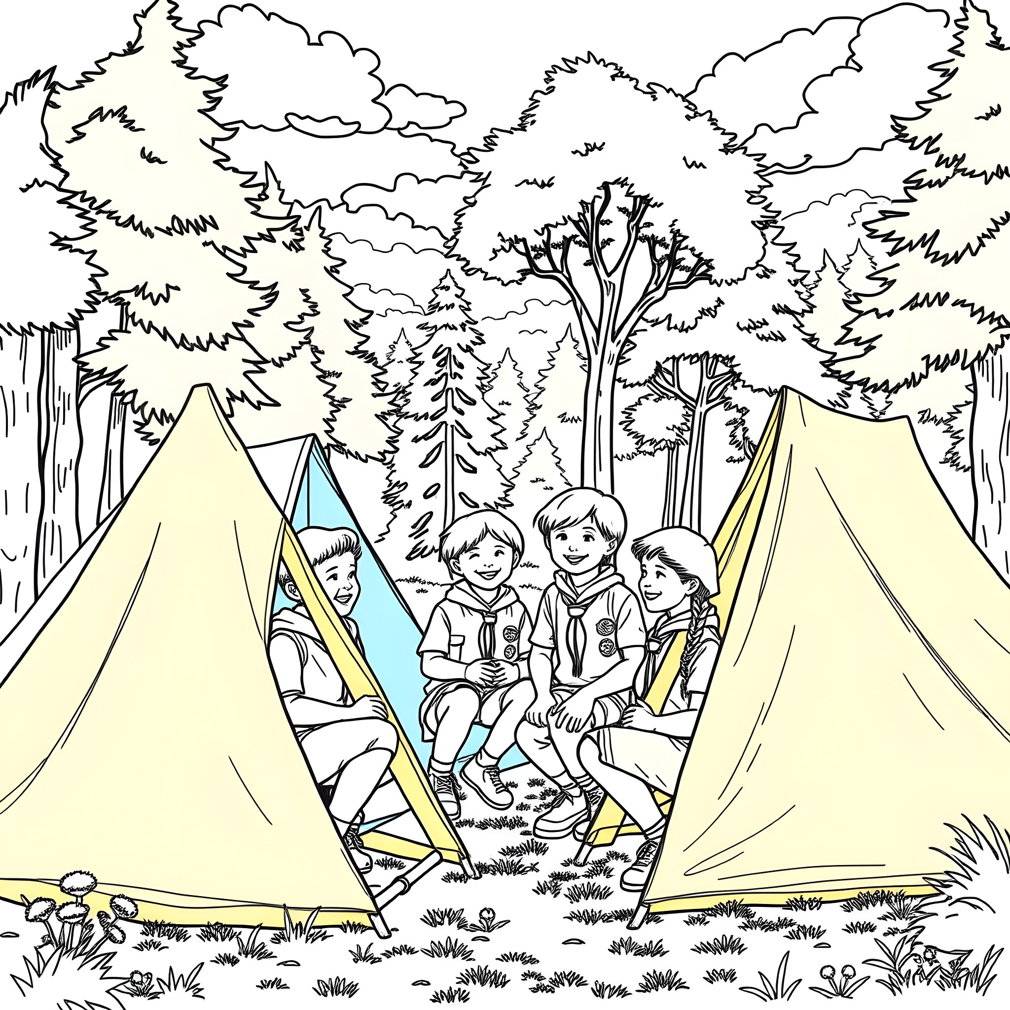 Beaver Family Camping in the Wilderness Coloring Page (free black-and-white line drawing printable PDF for all, from beginners to advanced learners, including children, teens, adults, and seniors)