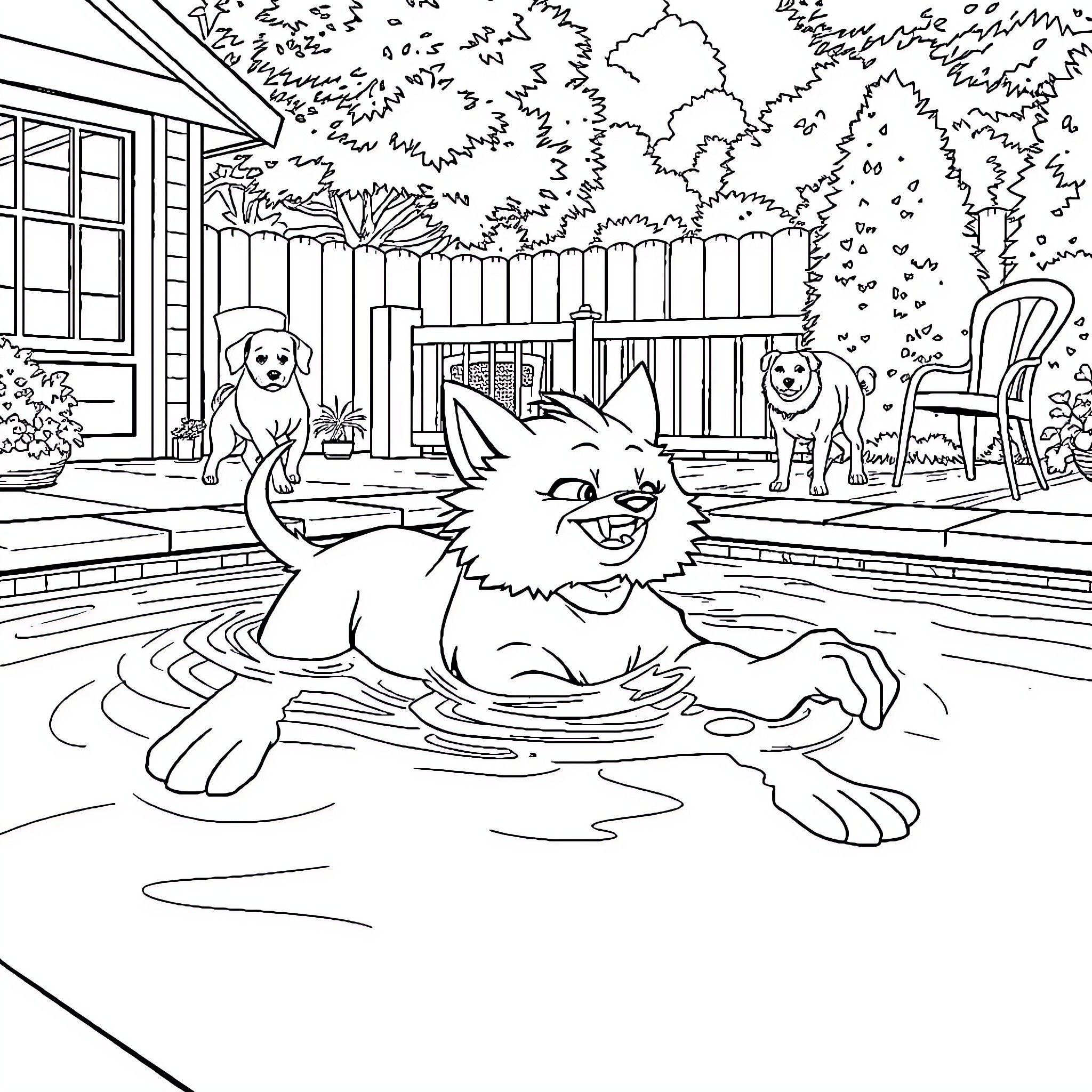 Thunderpaw's Playful Pets in the Backyard Coloring Page (free black-and-white line drawing printable PDF for all, from beginners to advanced learners, including children, teens, adults, and seniors)