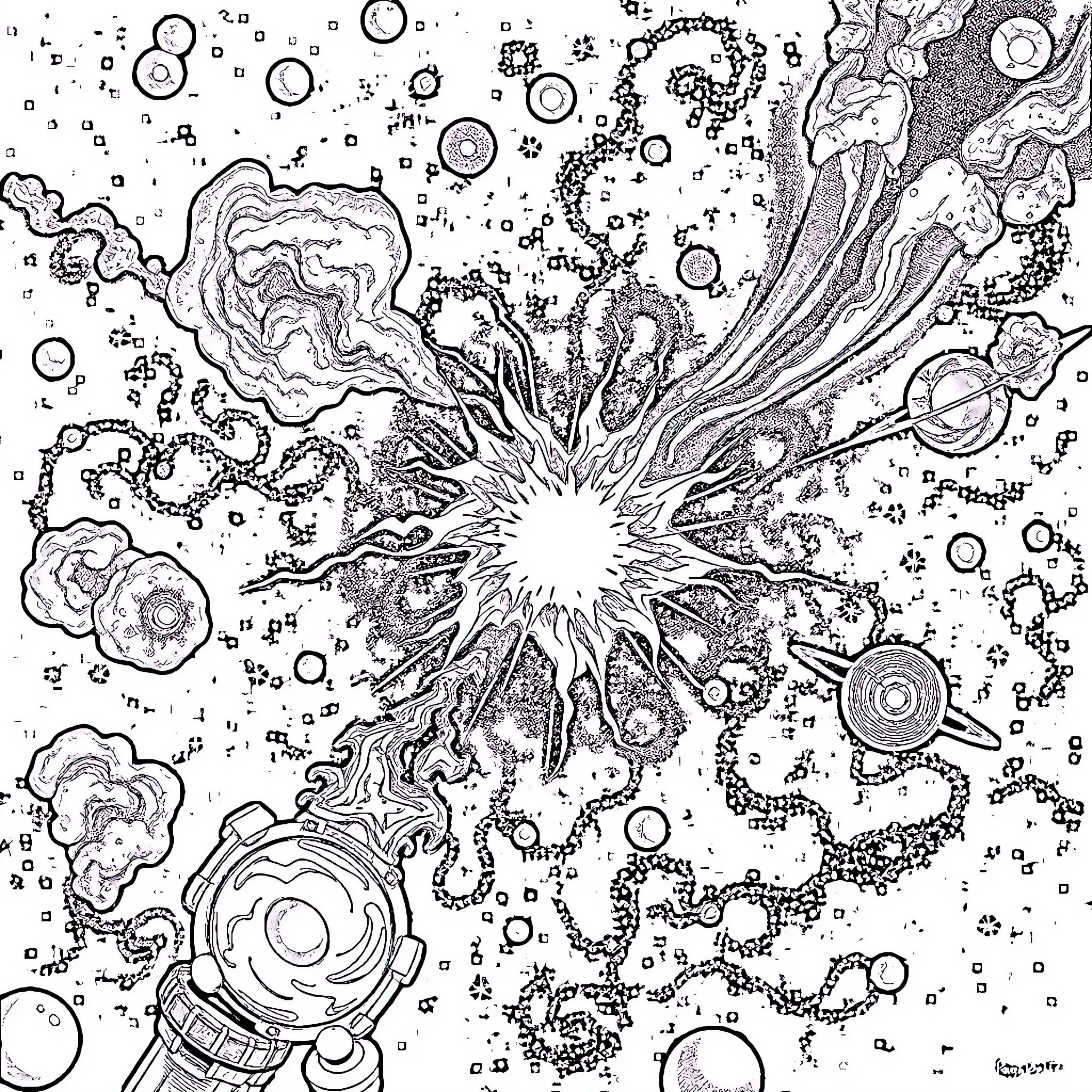 Galaxy of Abstract Cosmic Elements Coloring Page (free black-and-white line drawing printable PDF for all, from beginners to advanced learners, including children, teens, adults, and seniors)