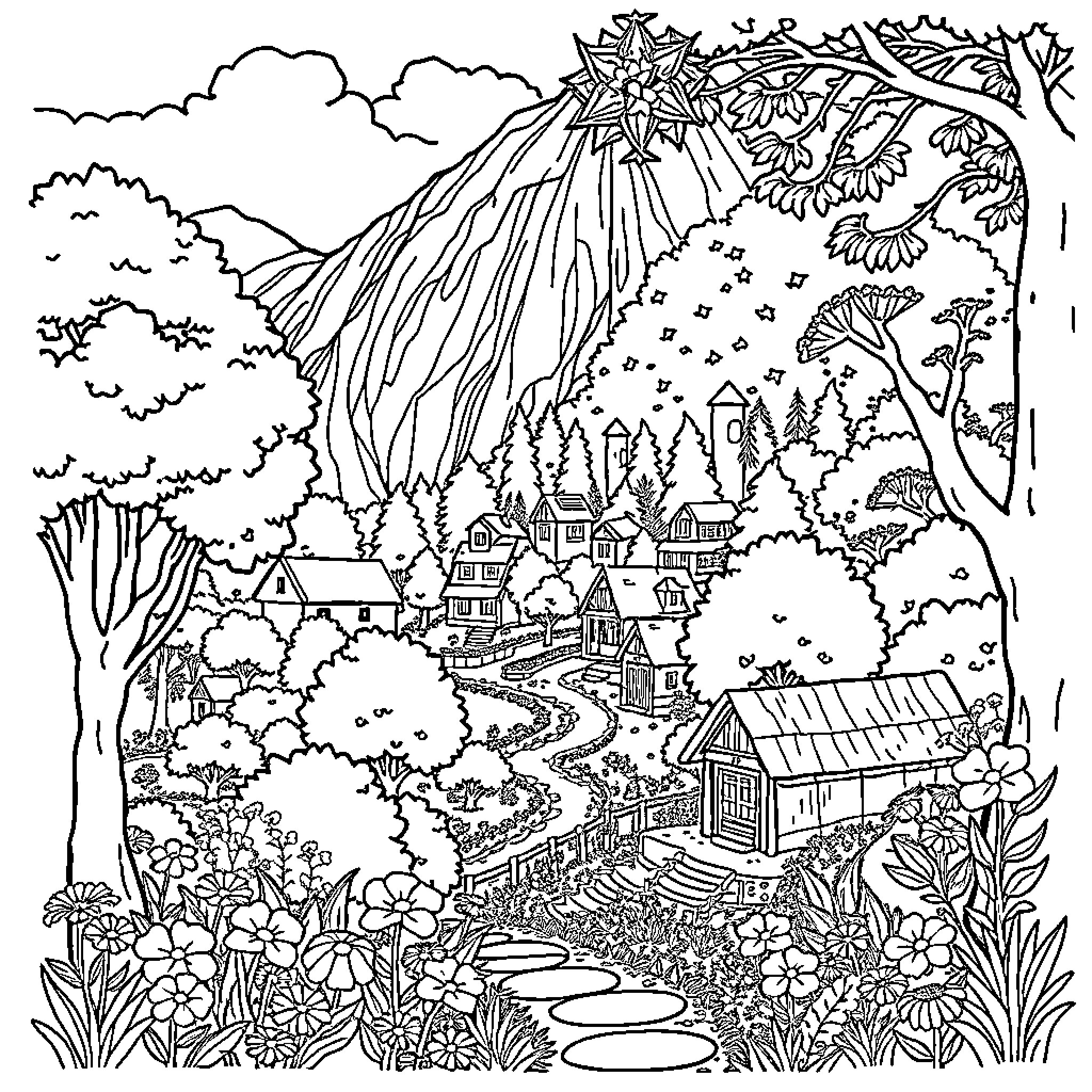 Gombal Enchanted Forest Landscape Coloring Page (free black-and-white line drawing printable PDF for all, from beginners to advanced learners, including children, teens, adults, and seniors)