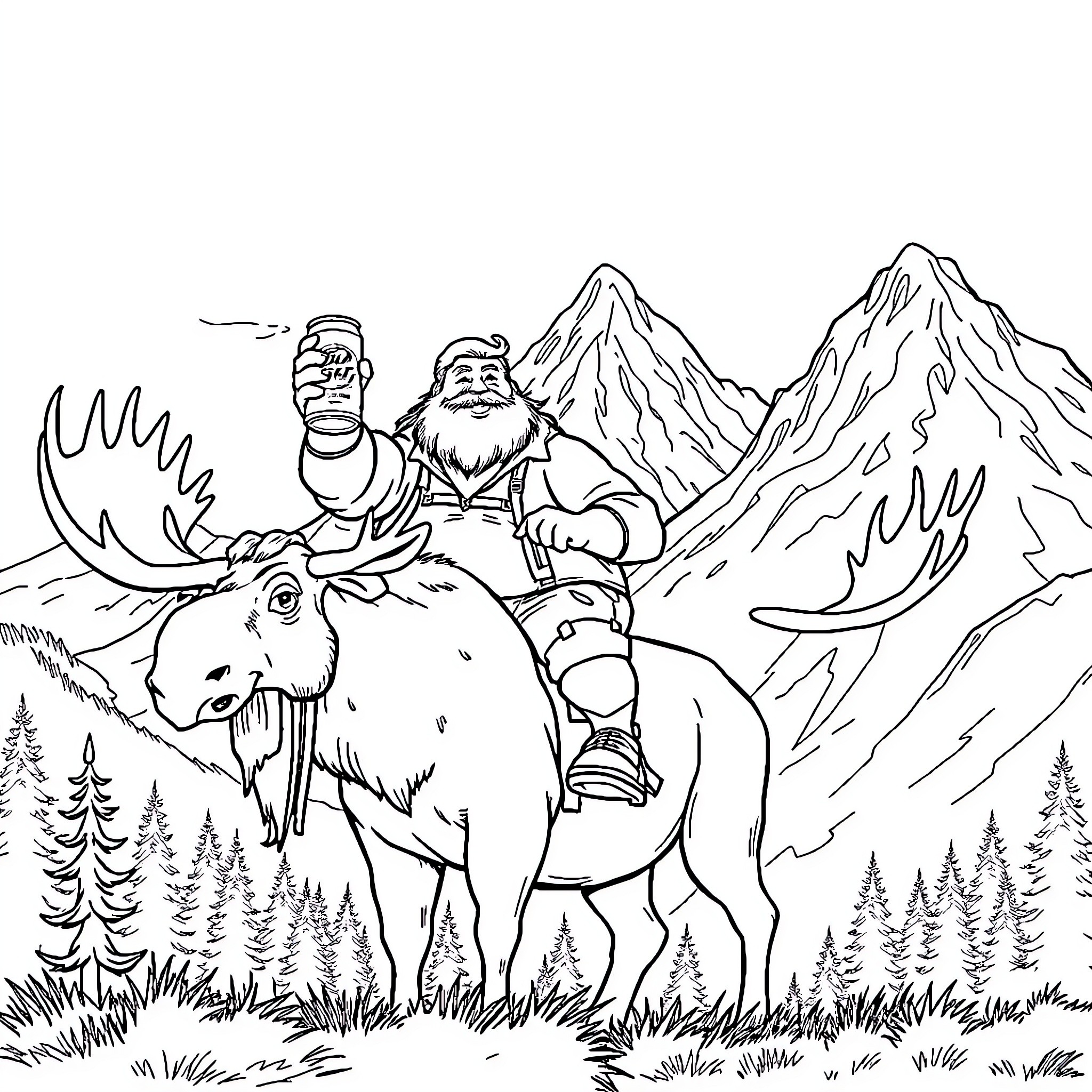 Moose and rider journeying through snowy mountains Coloring Page (free black-and-white line drawing printable PDF for all, from beginners to advanced learners, including children, teens, adults, and seniors)
