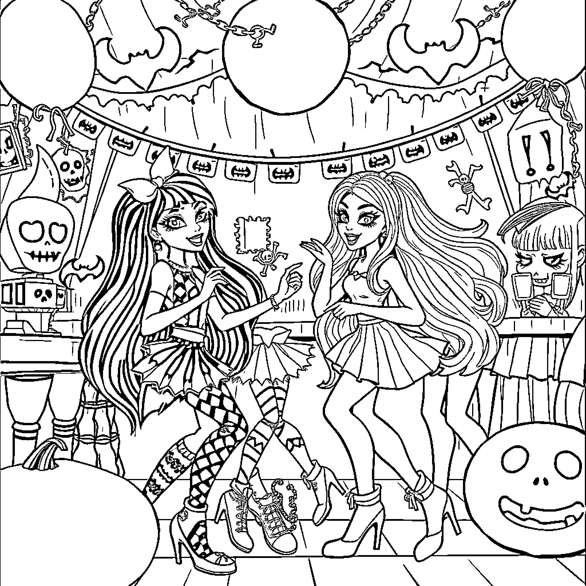 Monster High Dolls Enjoying Halloween Festivities Coloring Page (free black-and-white line drawing printable PDF for all, from beginners to advanced learners, including children, teens, adults, and seniors)