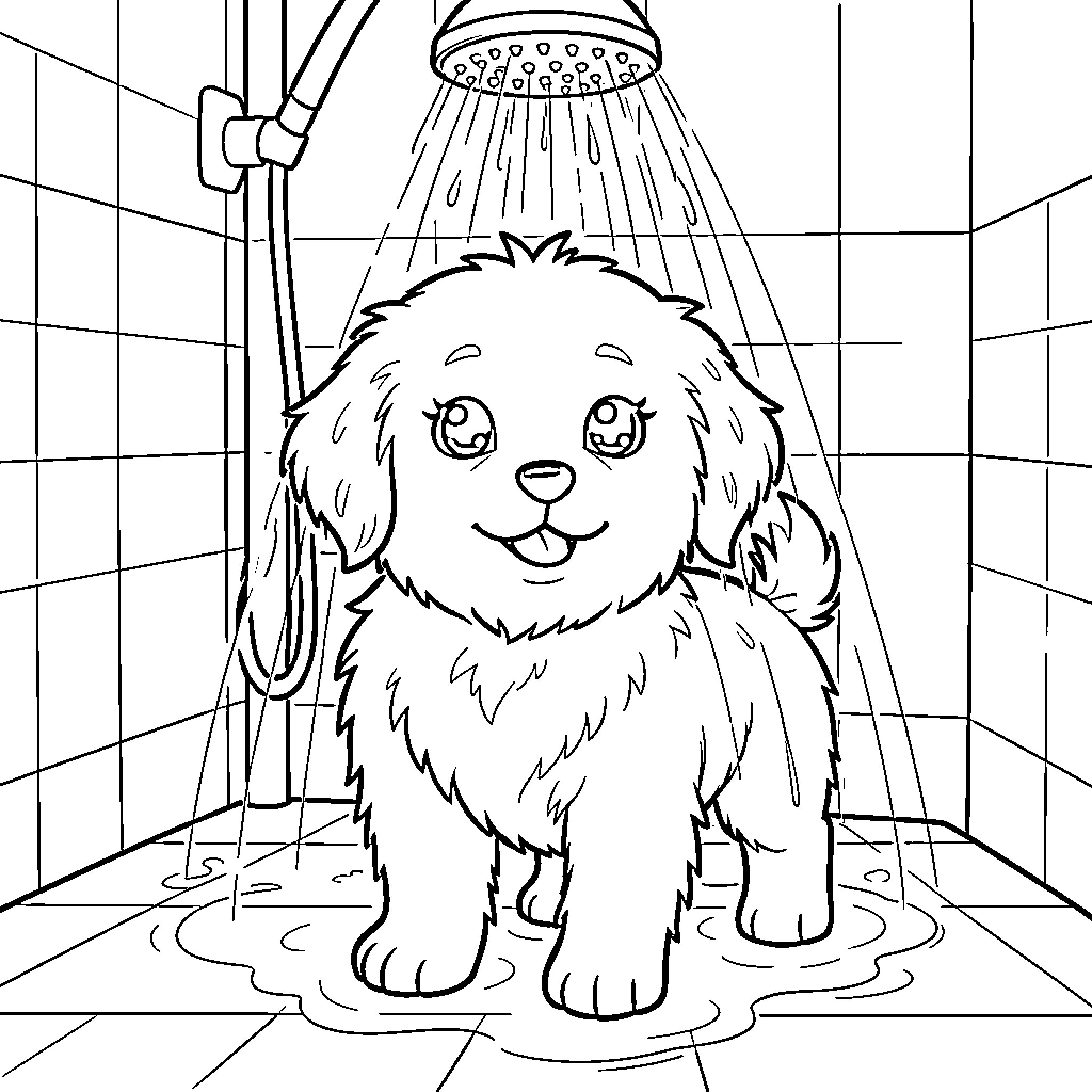 Dog enjoying a refreshing shower in the bathroom Coloring Page (free black-and-white line drawing printable PDF for all, from beginners to advanced learners, including children, teens, adults, and seniors)