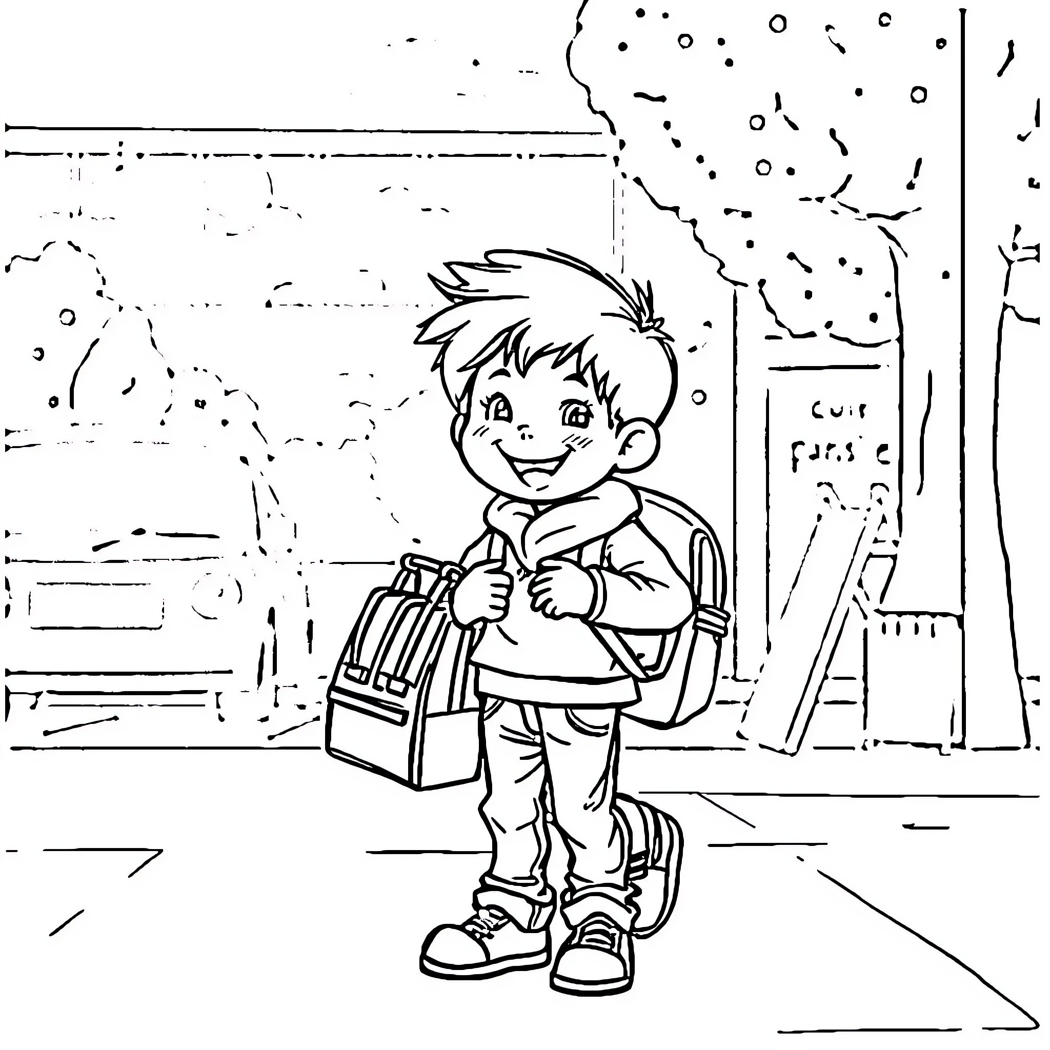 Child walking home from school Coloring Page (free black-and-white line drawing printable PDF for all, from beginners to advanced learners, including children, teens, adults, and seniors)