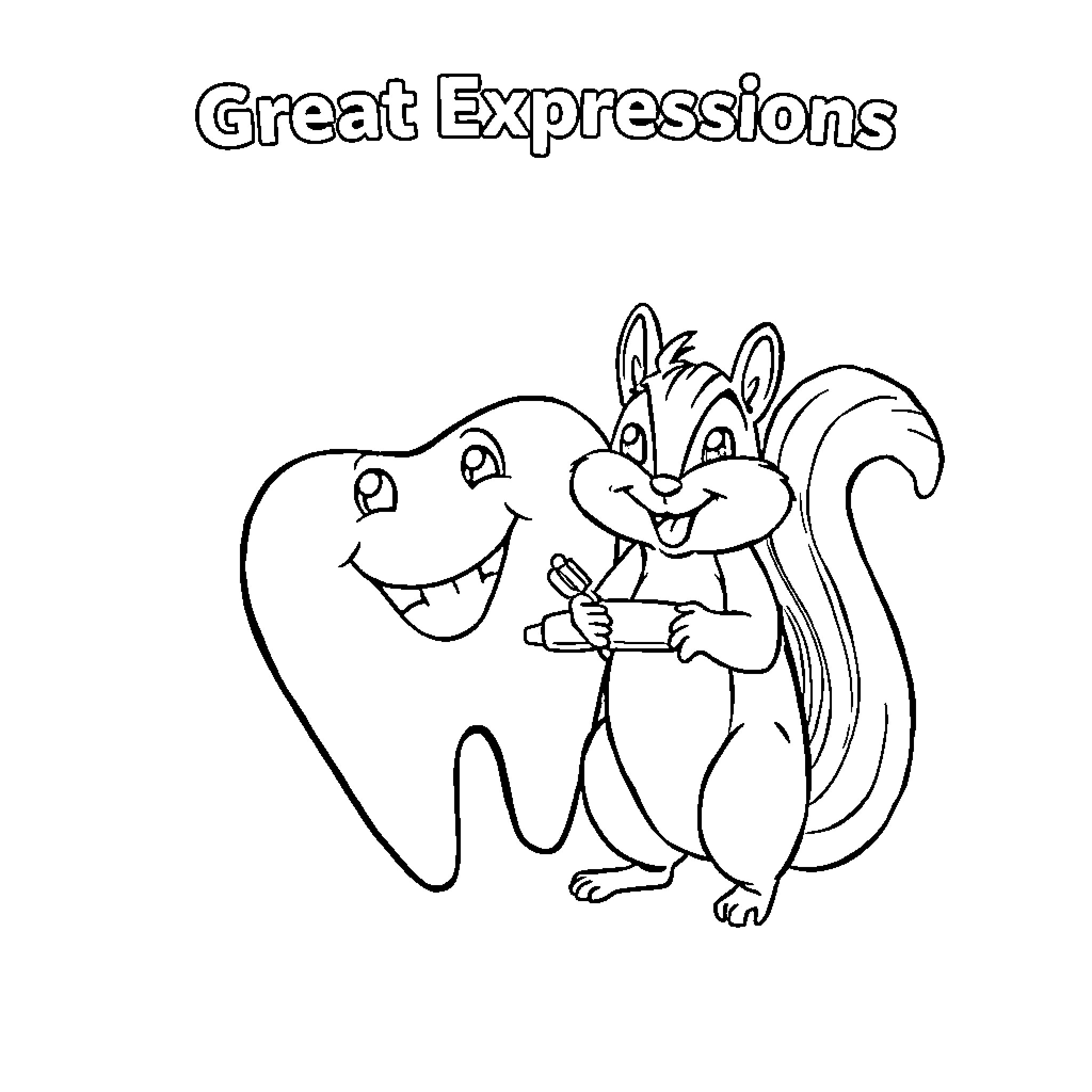 Tooth and the Cheerful Squirrel Coloring Page (free black-and-white line drawing printable PDF for all, from beginners to advanced learners, including children, teens, adults, and seniors)