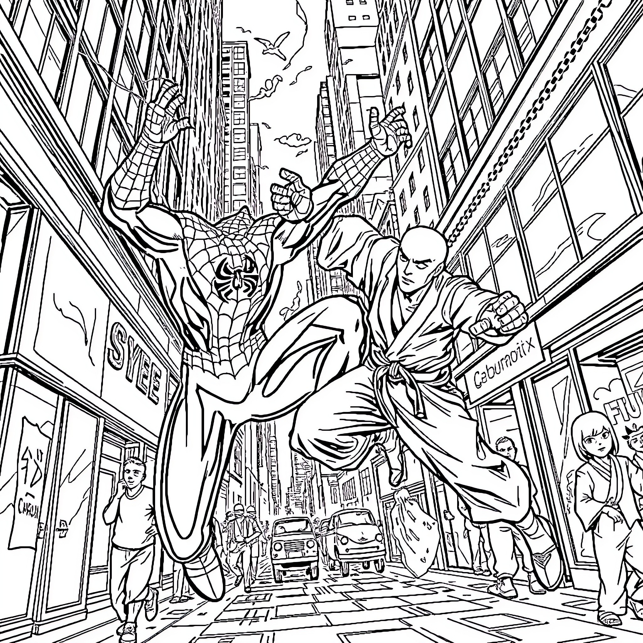 Spiderman swinging heroically through the city streets Coloring Page (free black-and-white line drawing printable PDF for all, from beginners to advanced learners, including children, teens, adults, and seniors)