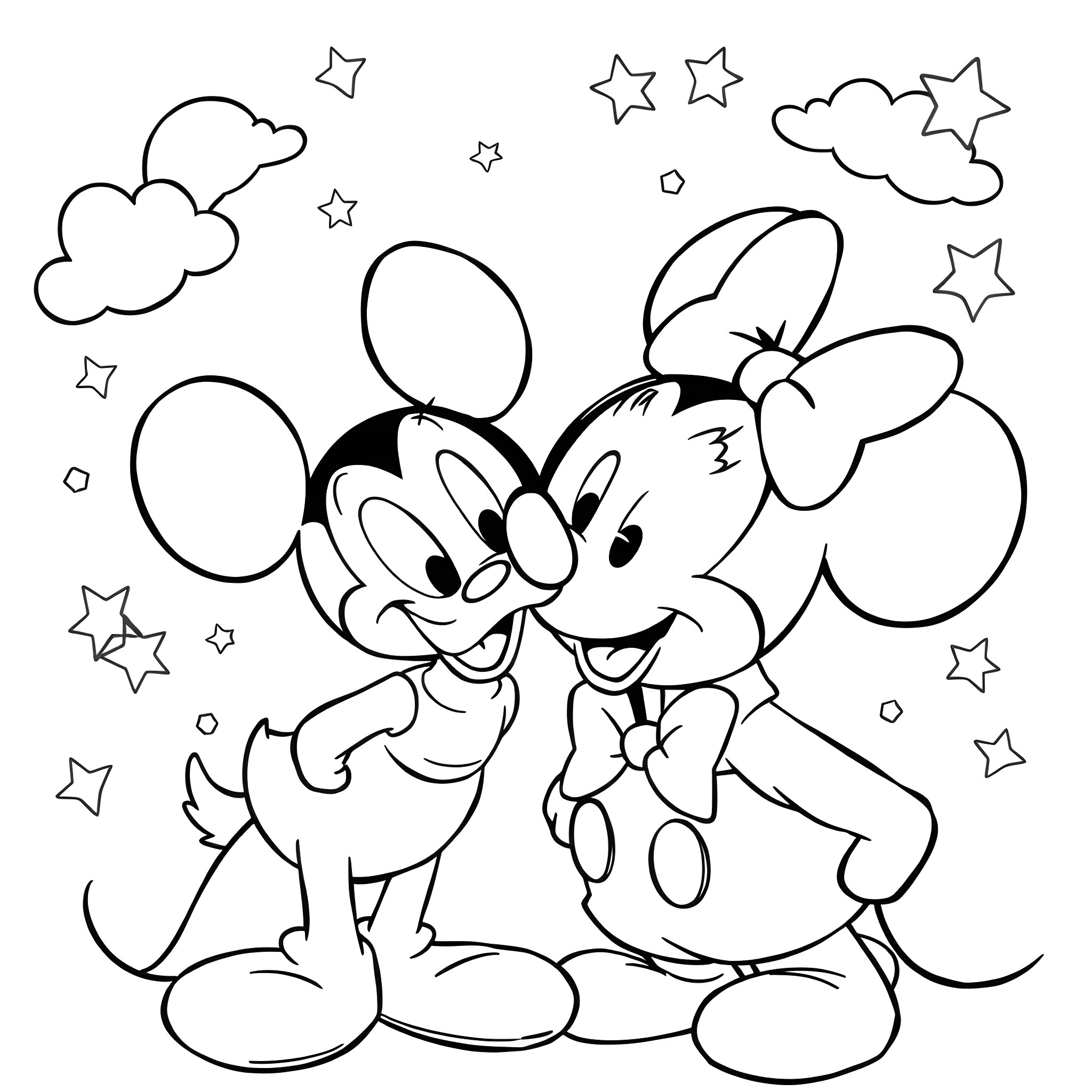 Mickey Mouse and Minnie Mouse in Starry Nighttime Coloring Page (free black-and-white line drawing printable PDF for all, from beginners to advanced learners, including children, teens, adults, and seniors)