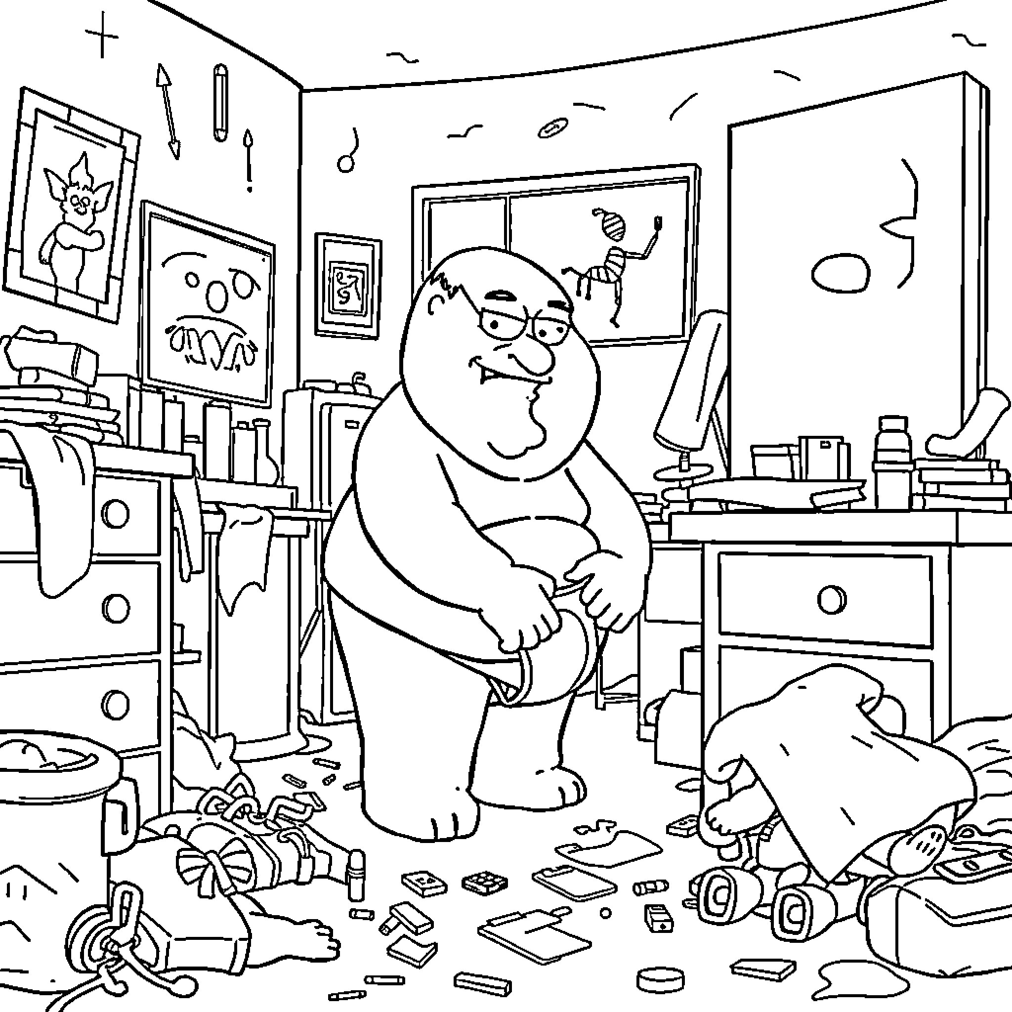 Peter Griffin surrounded by chaos in his cluttered home Coloring Page (free black-and-white line drawing printable PDF for all, from beginners to advanced learners, including children, teens, adults, and seniors)