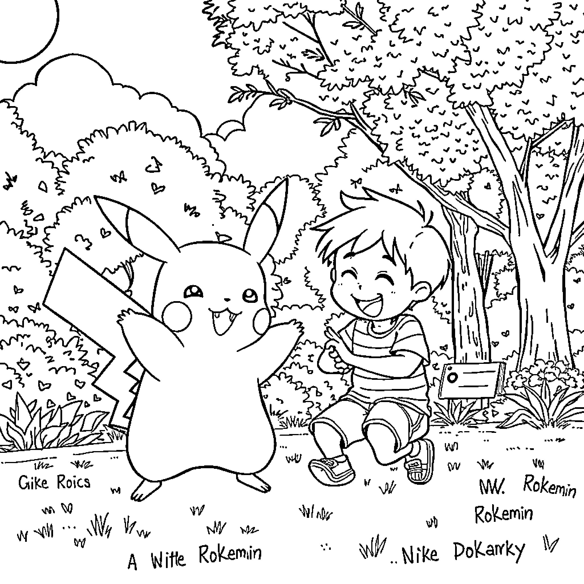 Pikachu and a young Rokumin playing in the forest Coloring Page (free black-and-white line drawing printable PDF for all, from beginners to advanced learners, including children, teens, adults, and seniors)