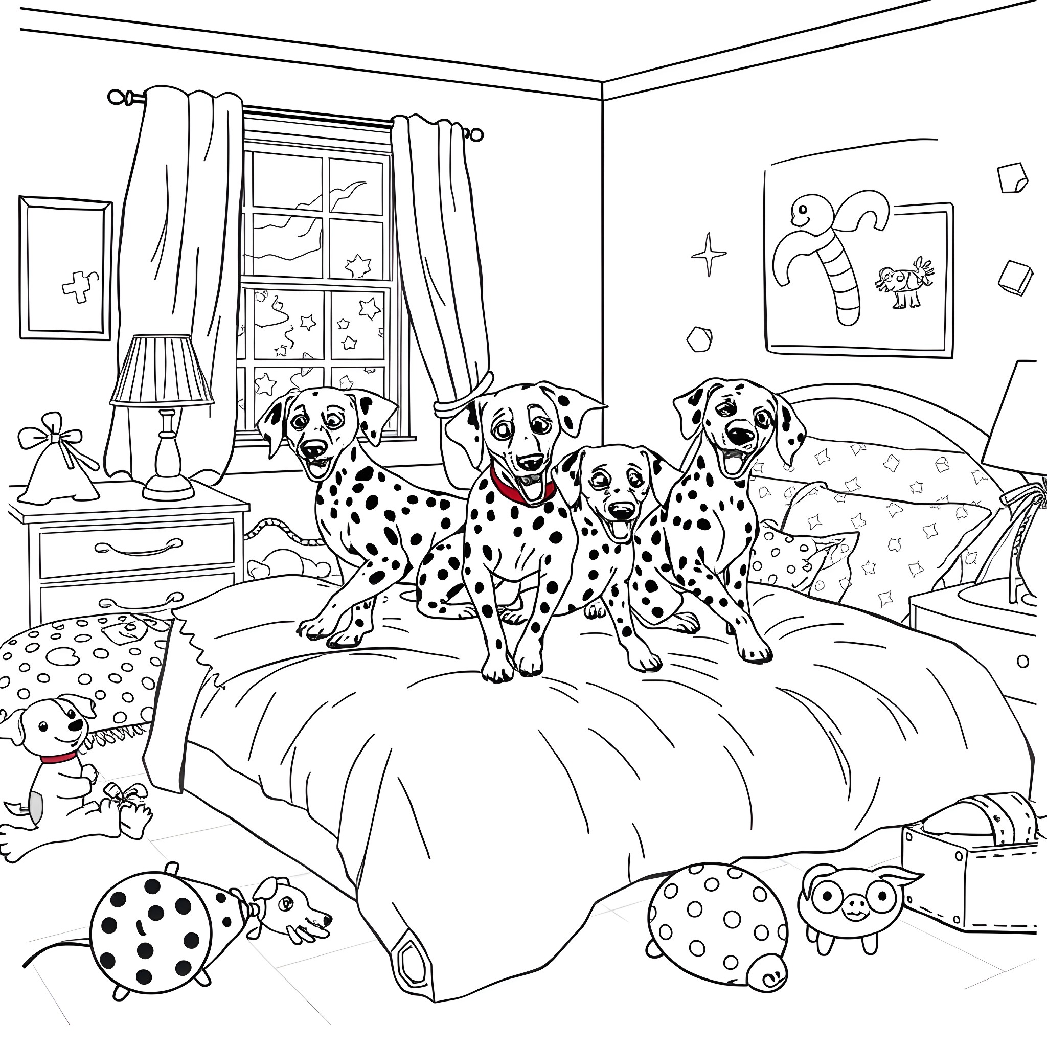 Dalmatian dogs relaxing on a cozy bed Coloring Page (free black-and-white line drawing printable PDF for all, from beginners to advanced learners, including children, teens, adults, and seniors)