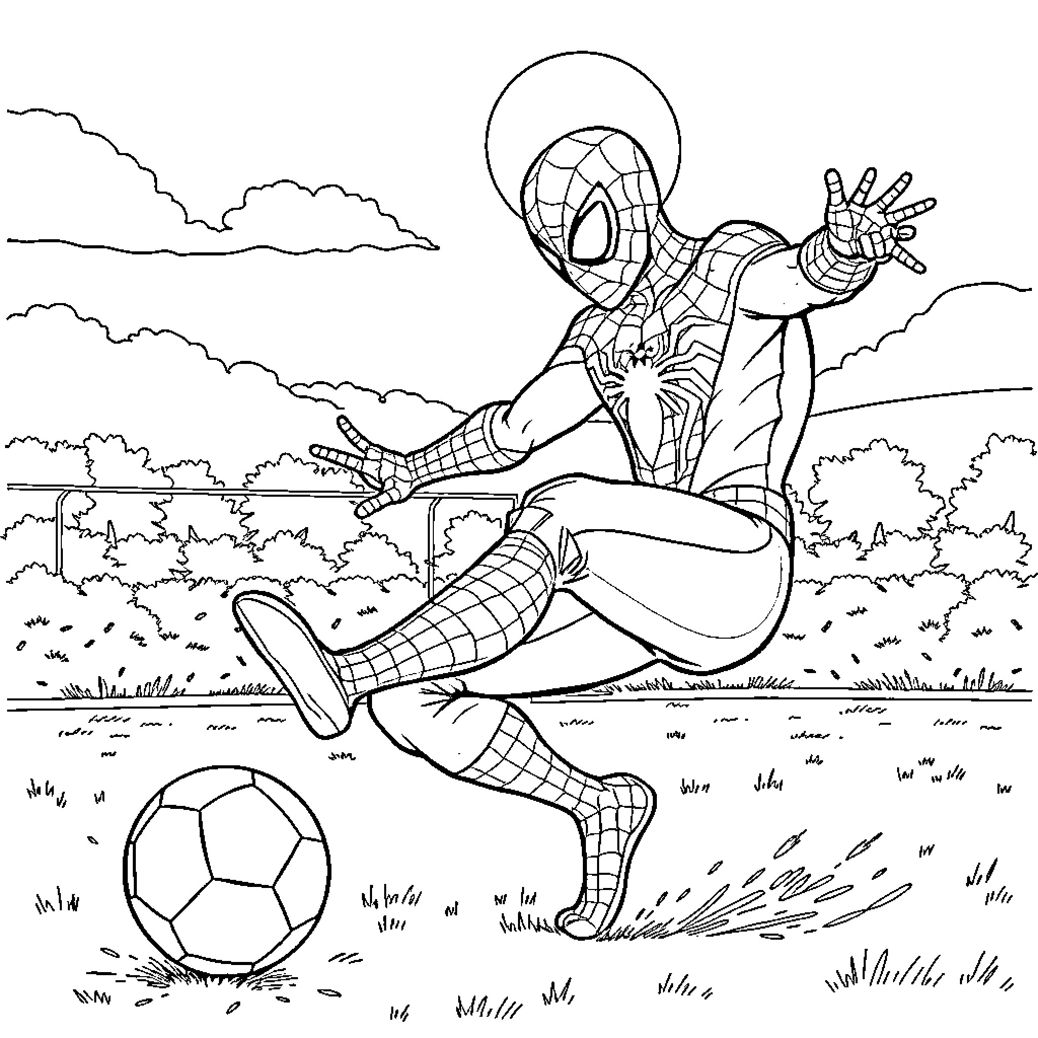 Spiderman playfully kicking a soccer ball in the park Coloring Page (free black-and-white line drawing printable PDF for all, from beginners to advanced learners, including children, teens, adults, and seniors)