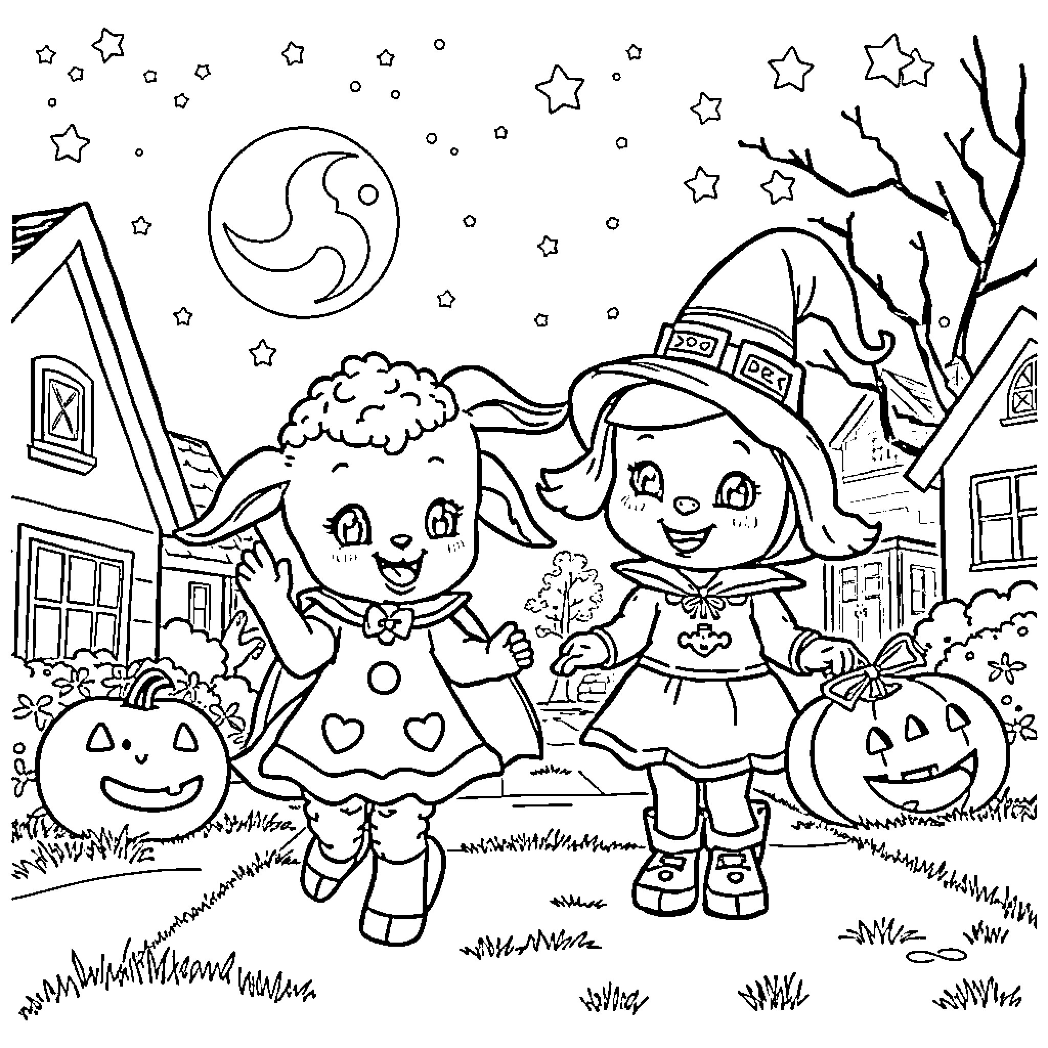 Lambie's Spooky Halloween Adventure Coloring Page (free black-and-white line drawing printable PDF for all, from beginners to advanced learners, including children, teens, adults, and seniors)