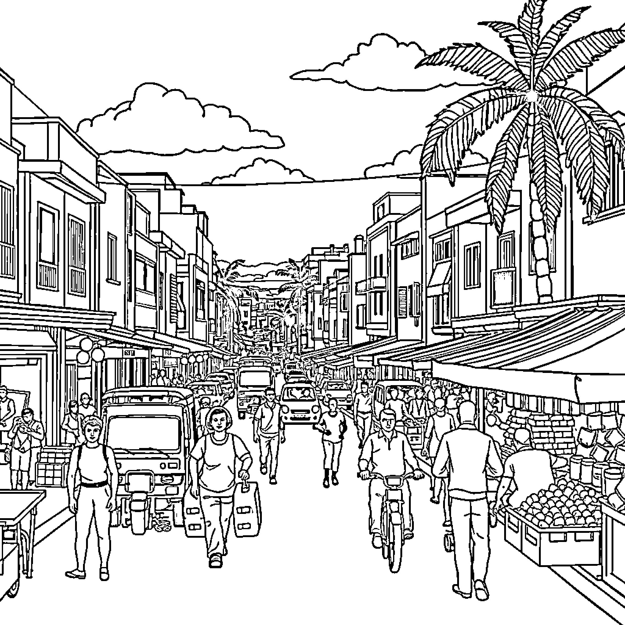 Luanda market scene with bustling crowds and palm trees Coloring Page (free black-and-white line drawing printable PDF for all, from beginners to advanced learners, including children, teens, adults, and seniors)