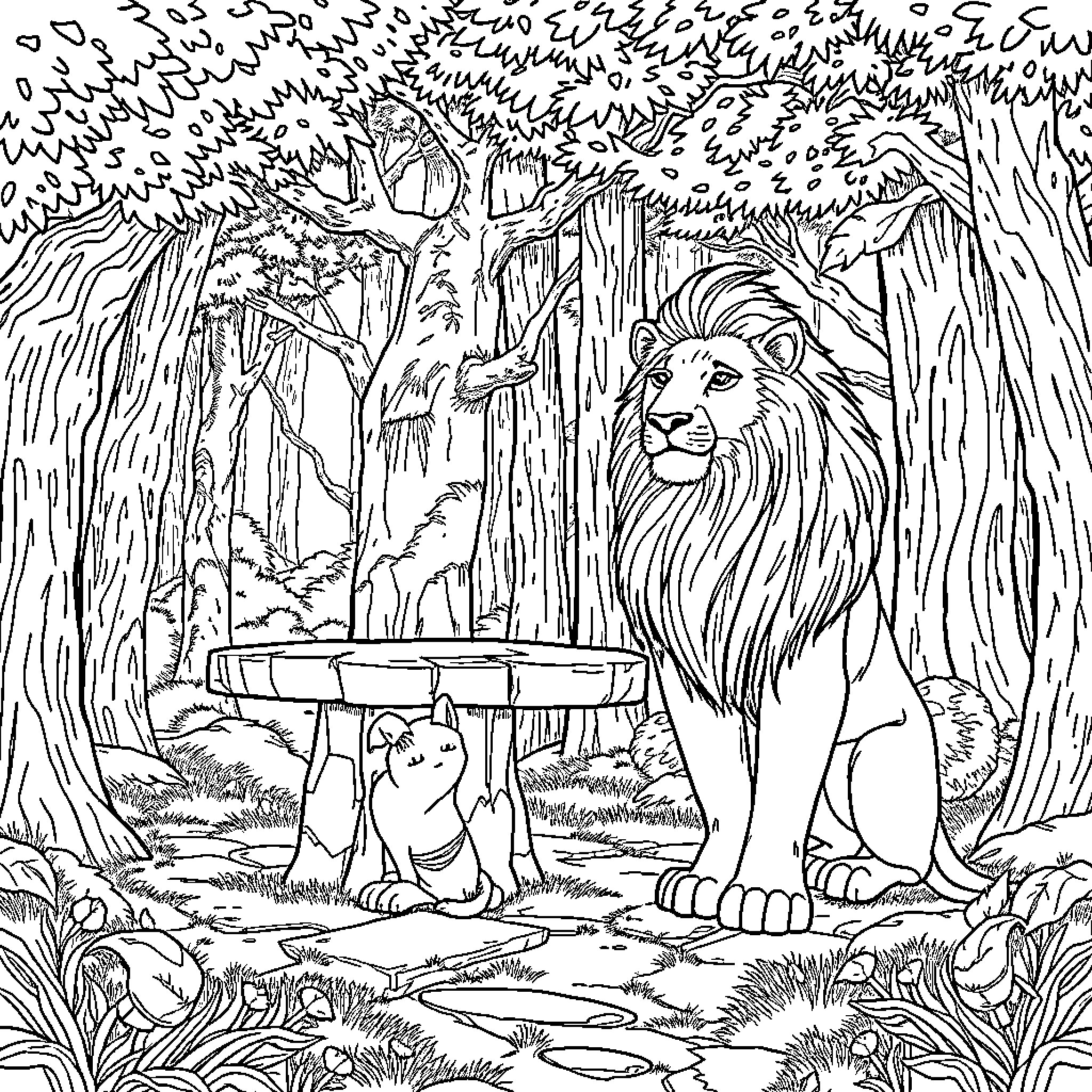Aslan the majestic lion in the enchanting forest Coloring Page (free black-and-white line drawing printable PDF for all, from beginners to advanced learners, including children, teens, adults, and seniors)