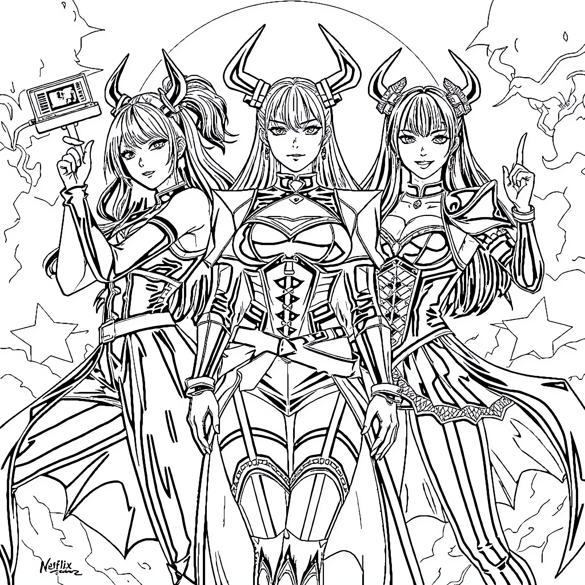 Kpop Demon Hunter Warriors in Fierce Battle Poses Coloring Page (free black-and-white line drawing printable PDF for all, from beginners to advanced learners, including children, teens, adults, and seniors)