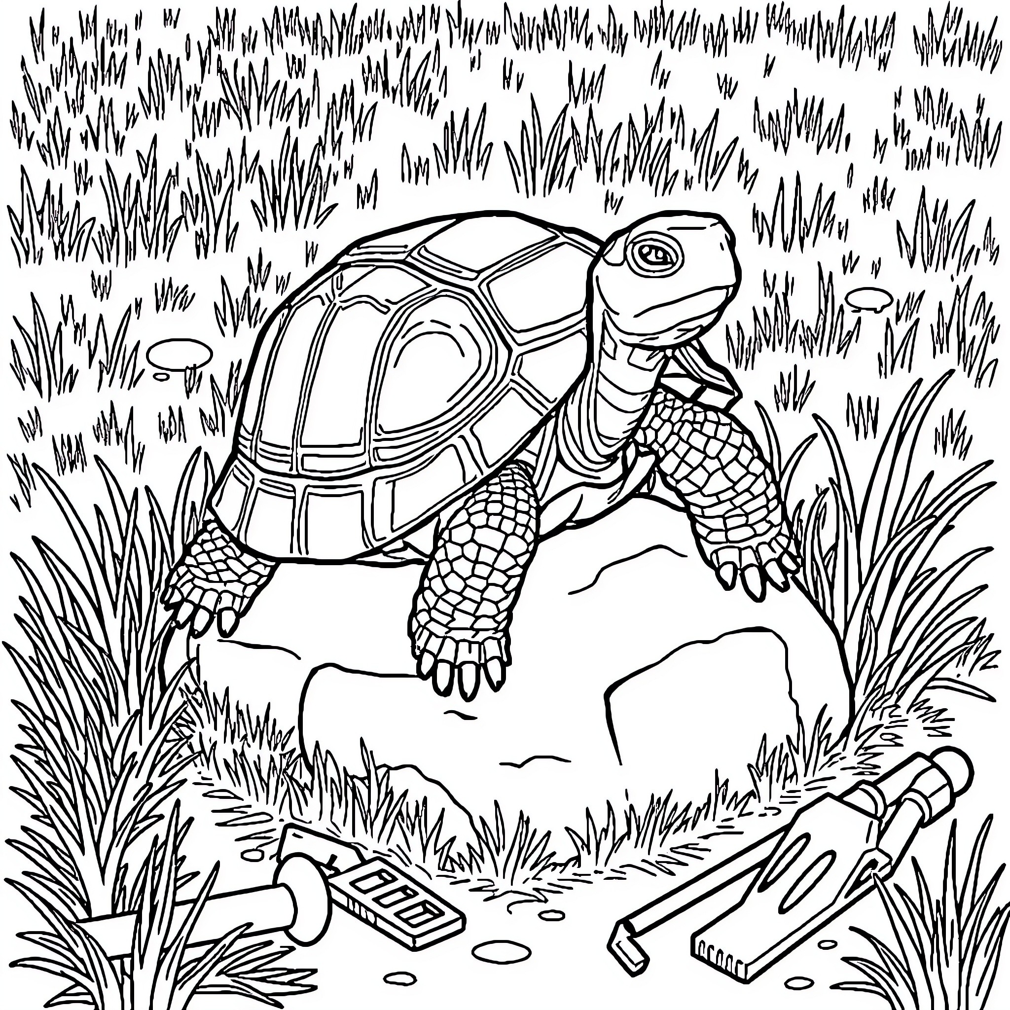 Tortoise exploring its natural habitat Coloring Page (free black-and-white line drawing printable PDF for all, from beginners to advanced learners, including children, teens, adults, and seniors)