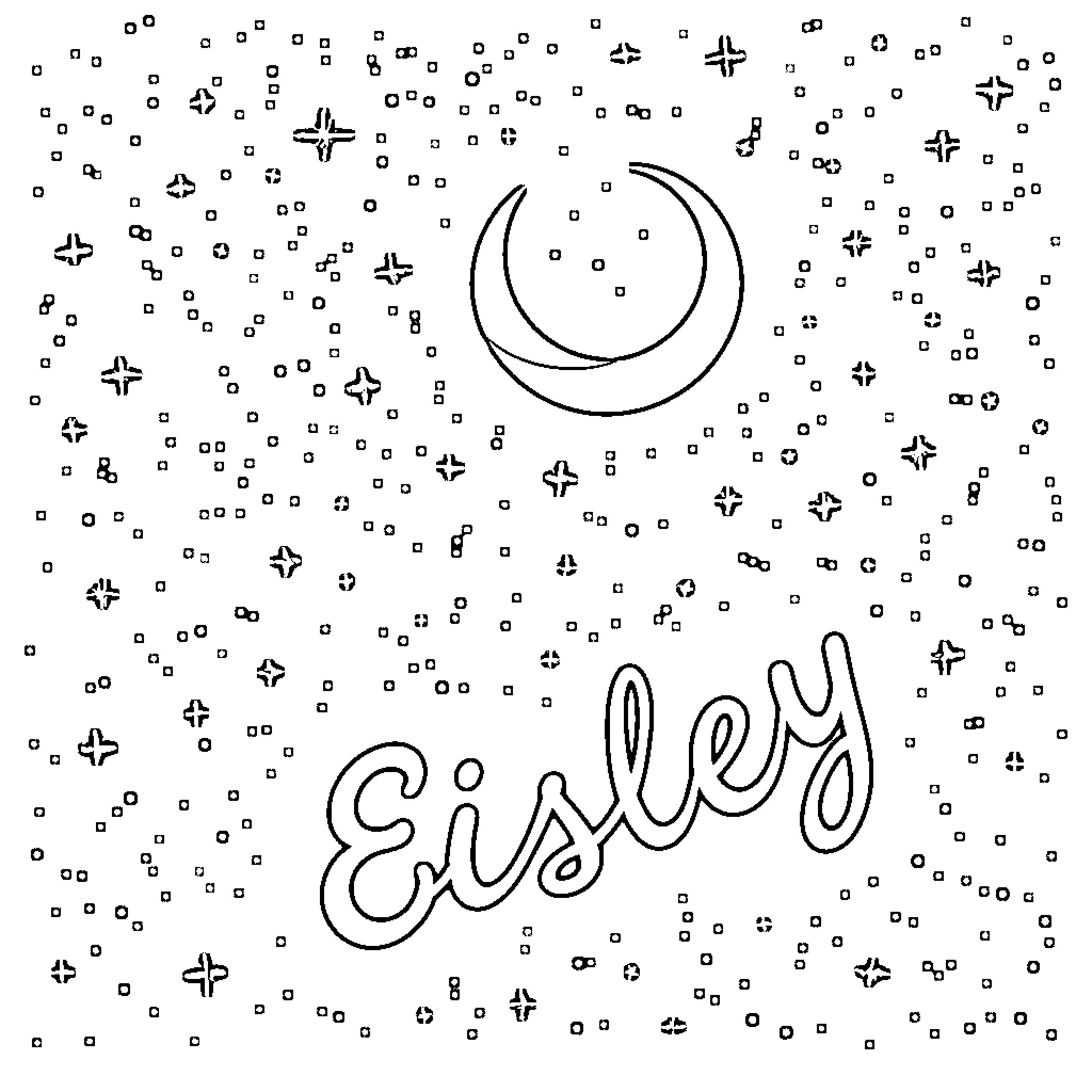 Moon with Eisley lettering and stars Coloring Page (free black-and-white line drawing printable PDF for all, from beginners to advanced learners, including children, teens, adults, and seniors)