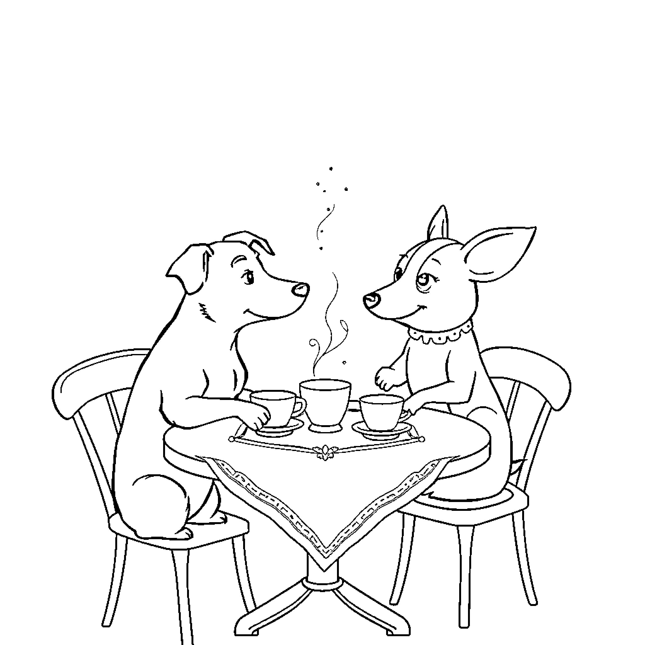 Dog friends enjoying tea party together Coloring Page (free black-and-white line drawing printable PDF for all, from beginners to advanced learners, including children, teens, adults, and seniors)