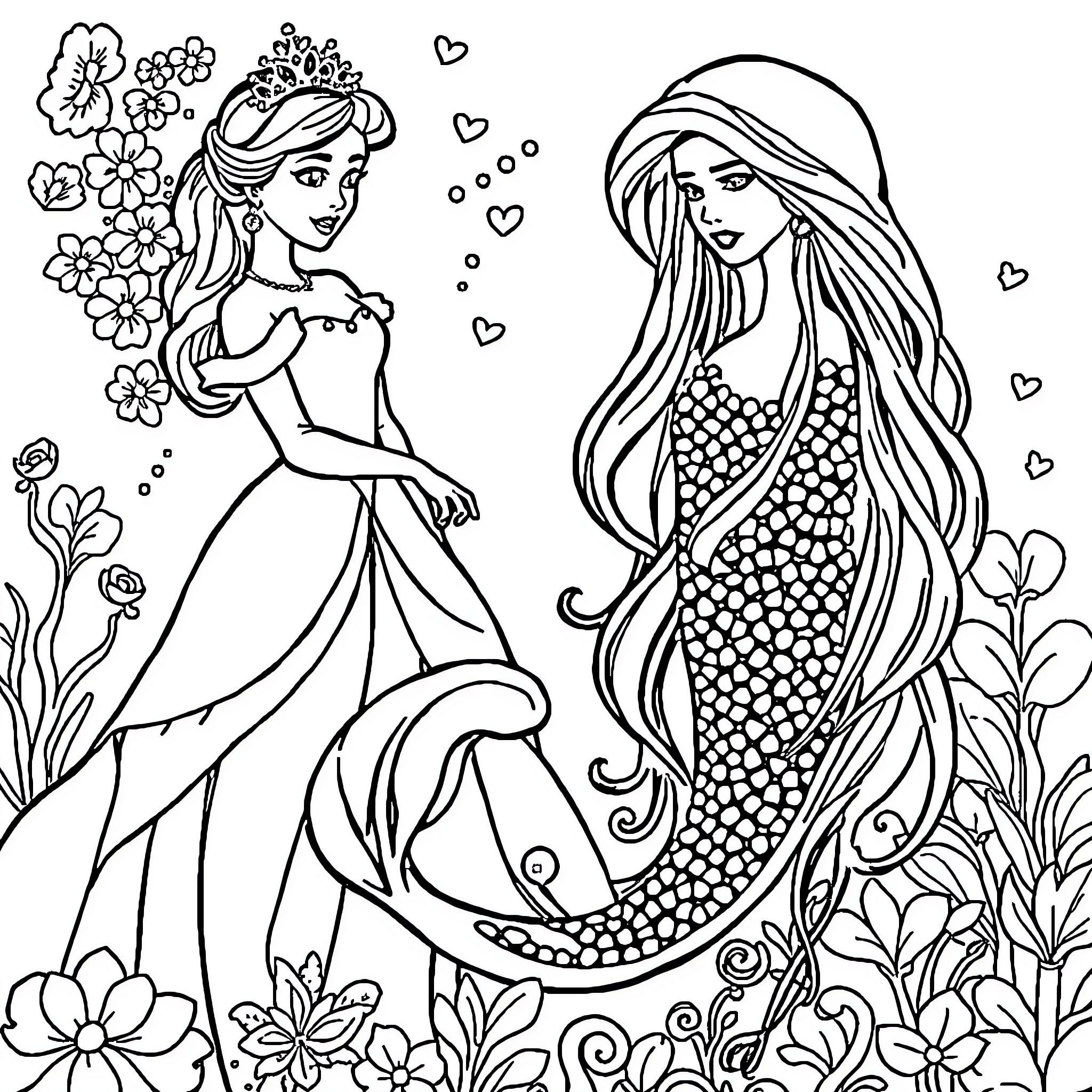 Princess Delight in Floral Wonderland Coloring Page (free black-and-white line drawing printable PDF for all, from beginners to advanced learners, including children, teens, adults, and seniors)