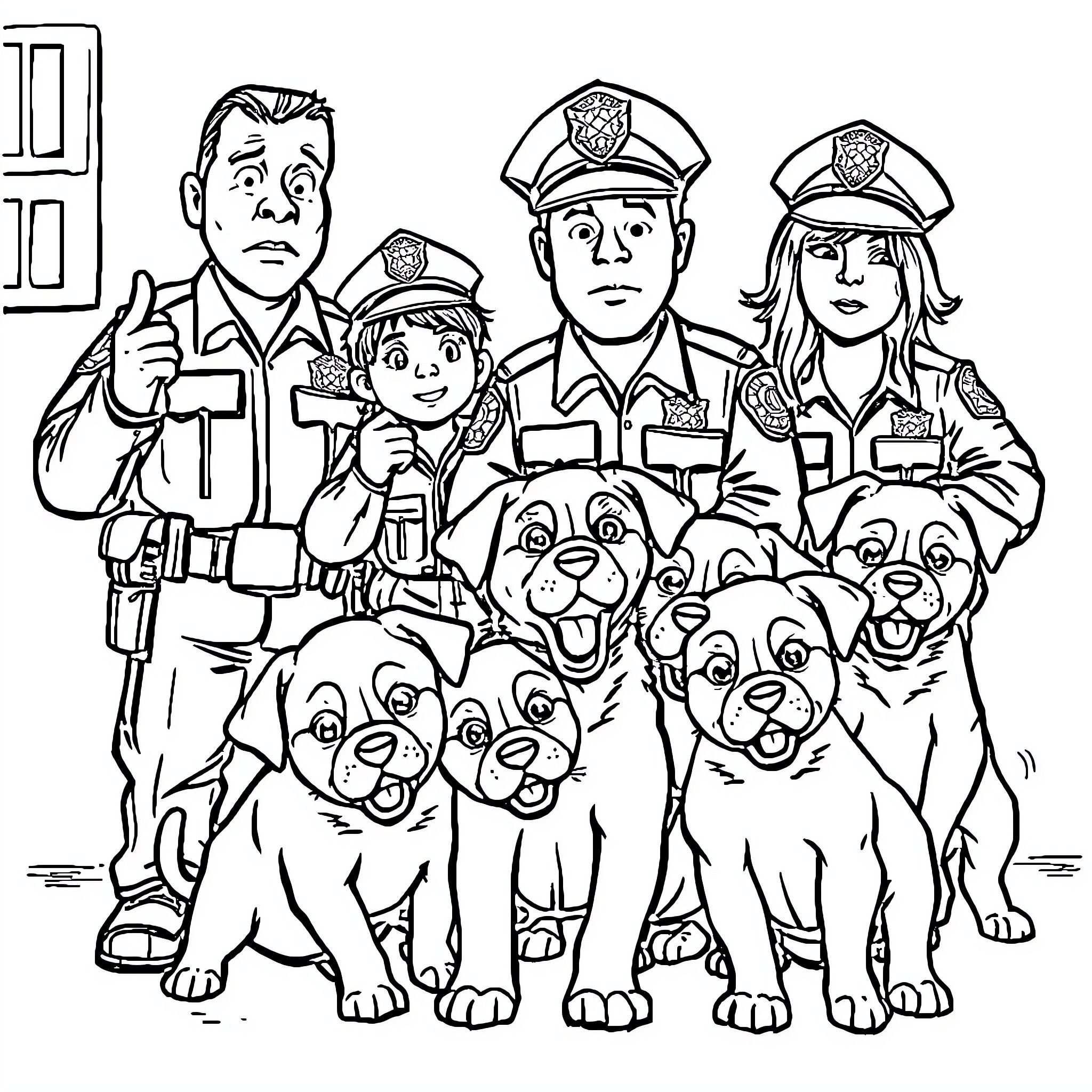 Police officers with dogs and child in uniform Coloring Page (free black-and-white line drawing printable PDF for all, from beginners to advanced learners, including children, teens, adults, and seniors)