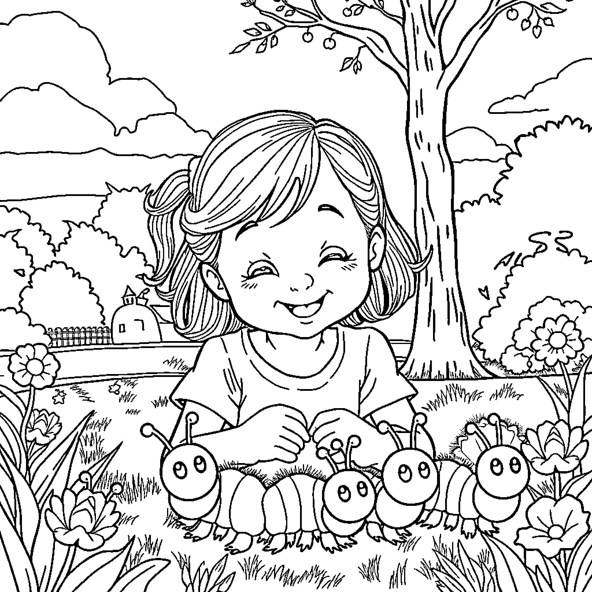 Girl happily playing with caterpillars in the garden Coloring Page (free black-and-white line drawing printable PDF for all, from beginners to advanced learners, including children, teens, adults, and seniors)