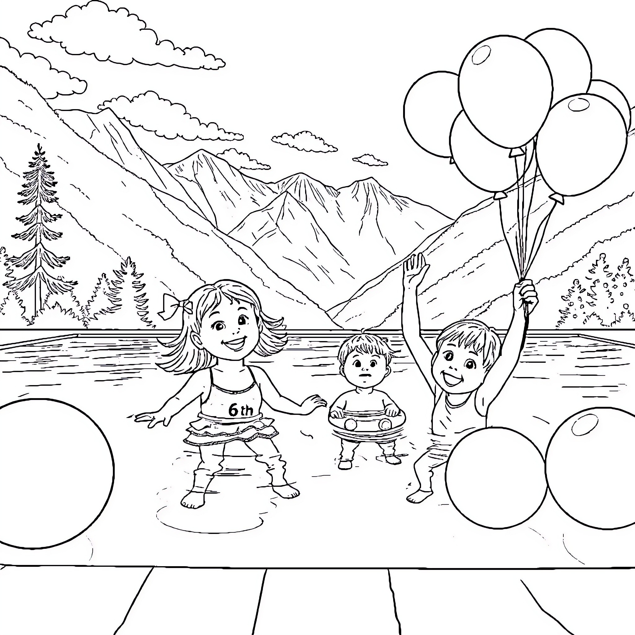 Child playing happily with friends in outdoor nature scene Coloring Page (free black-and-white line drawing printable PDF for all, from beginners to advanced learners, including children, teens, adults, and seniors)
