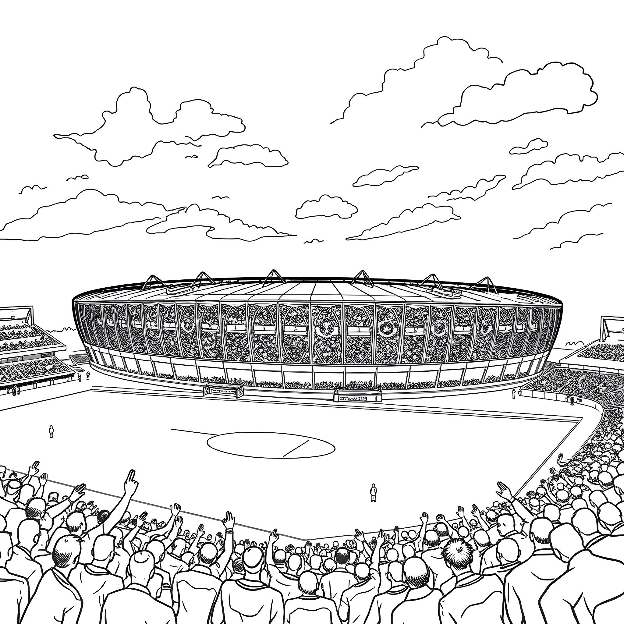 Stadium filled with cheering crowd enjoying sports event Coloring Page (free black-and-white line drawing printable PDF for all, from beginners to advanced learners, including children, teens, adults, and seniors)