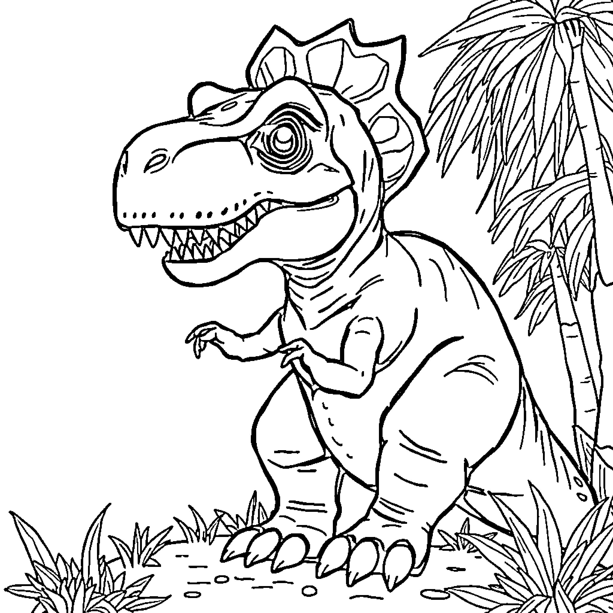 Dinosaur exploring lush jungle landscape Coloring Page (free black-and-white line drawing printable PDF for all, from beginners to advanced learners, including children, teens, adults, and seniors)
