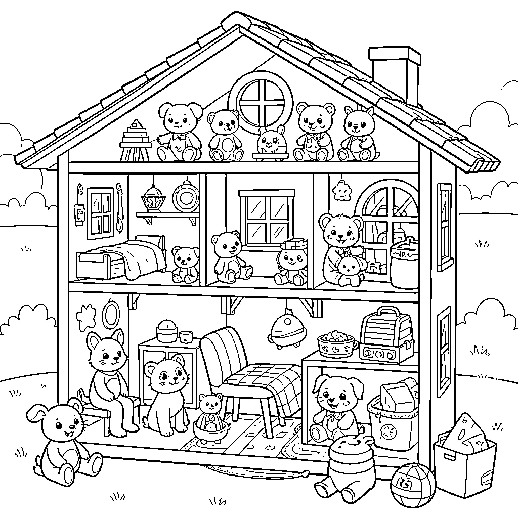Gabby's Dollhouse filled with many cute stuffed animals Coloring Page (free black-and-white line drawing printable PDF for all, from beginners to advanced learners, including children, teens, adults, and seniors)