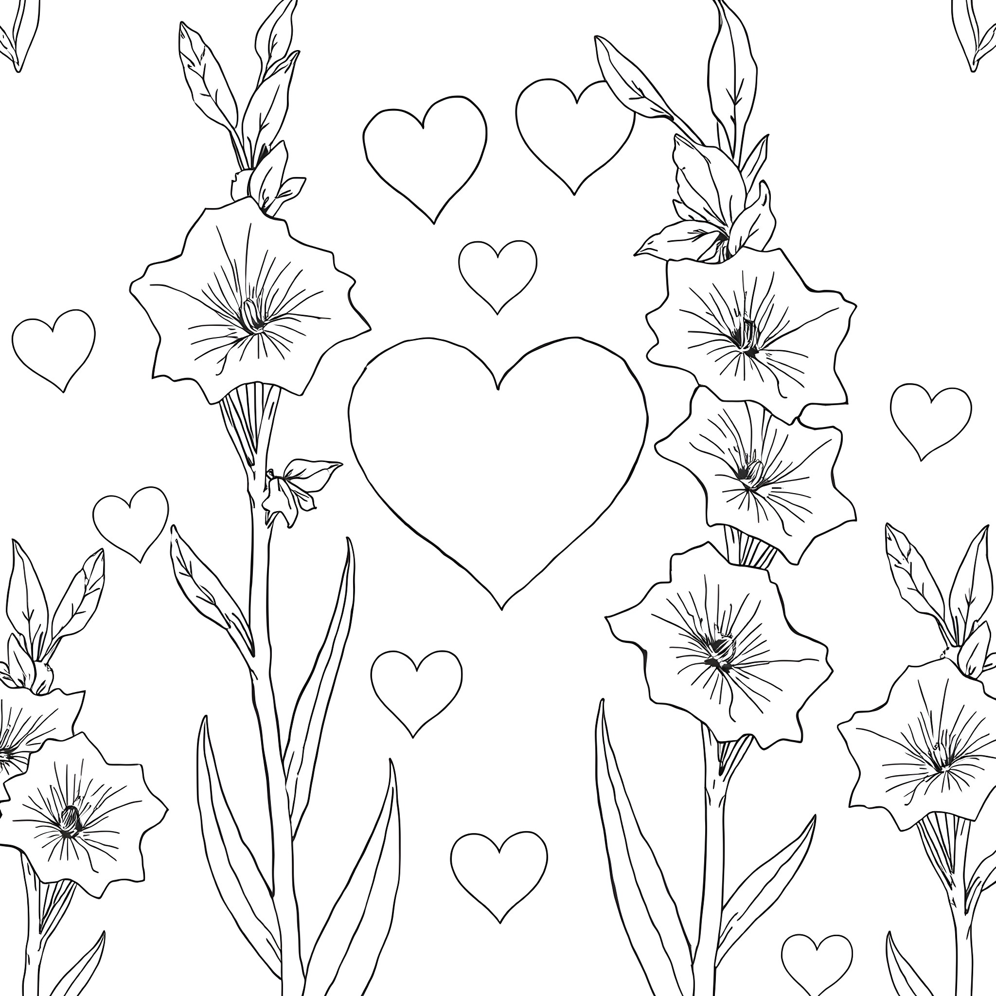 Heart-Shaped Flowers and Leaves Coloring Page (free black-and-white line drawing printable PDF for all, from beginners to advanced learners, including children, teens, adults, and seniors)