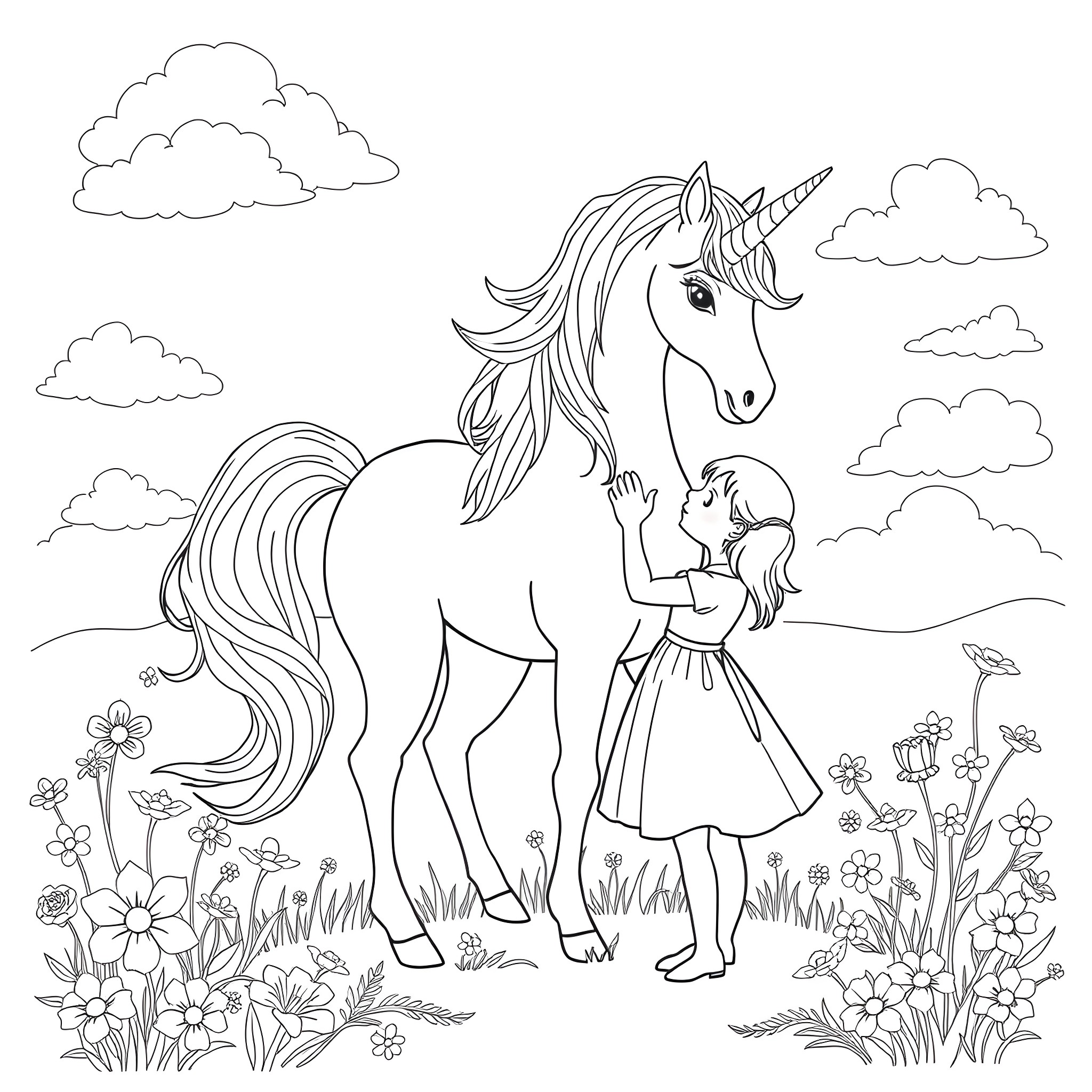 Unicorn and Girl Exploring the Enchanted Garden Coloring Page (free black-and-white line drawing printable PDF for all, from beginners to advanced learners, including children, teens, adults, and seniors)
