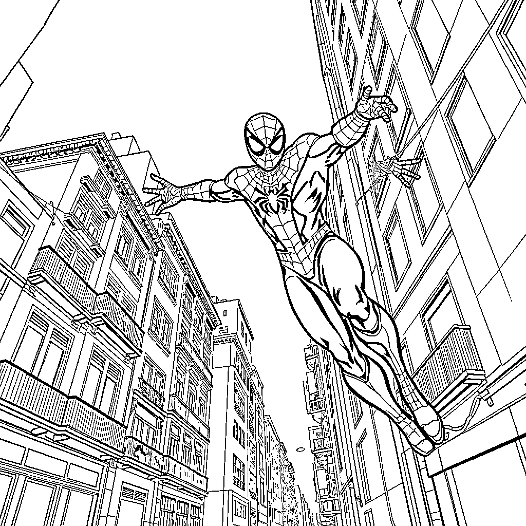 Spiderman swinging through the city Coloring Page (free black-and-white line drawing printable PDF for all, from beginners to advanced learners, including children, teens, adults, and seniors)