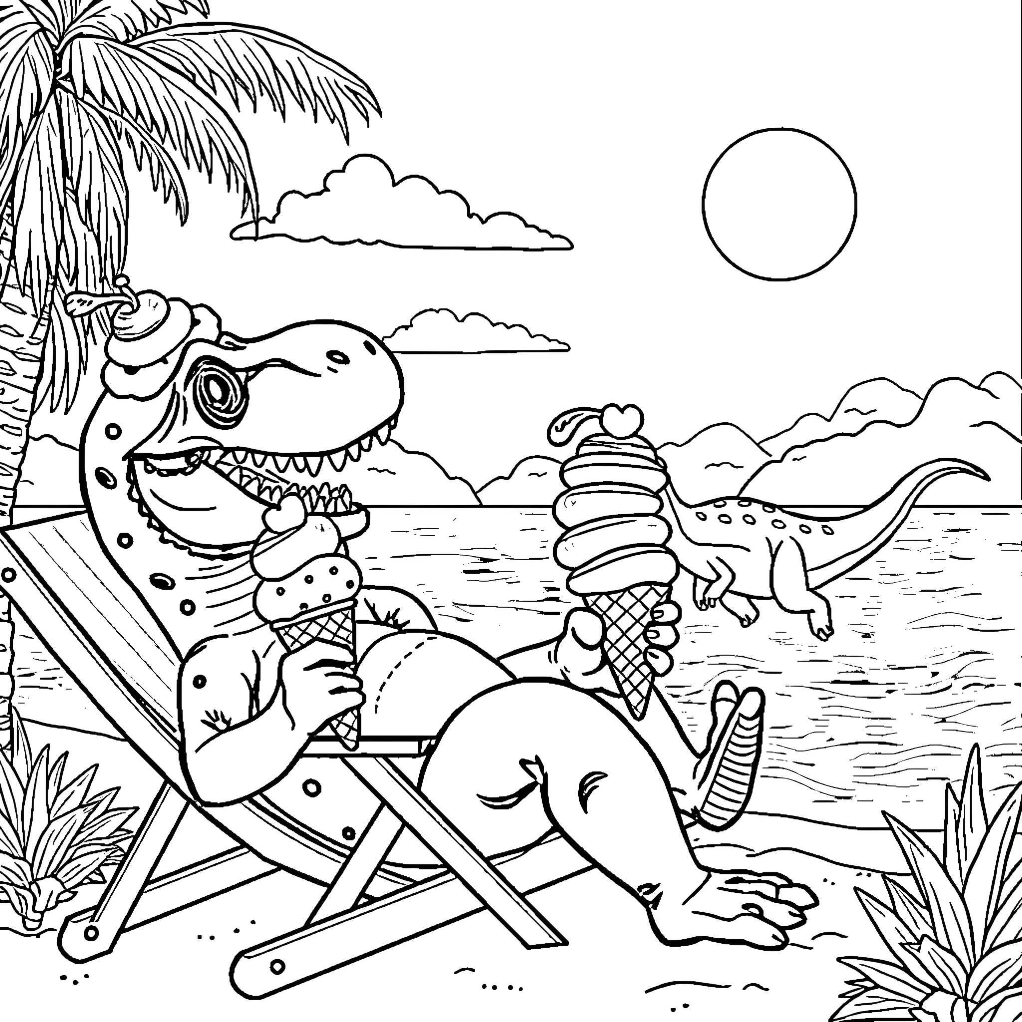 T-Rex enjoying a beach day with ice cream Coloring Page (free black-and-white line drawing printable PDF for all, from beginners to advanced learners, including children, teens, adults, and seniors)