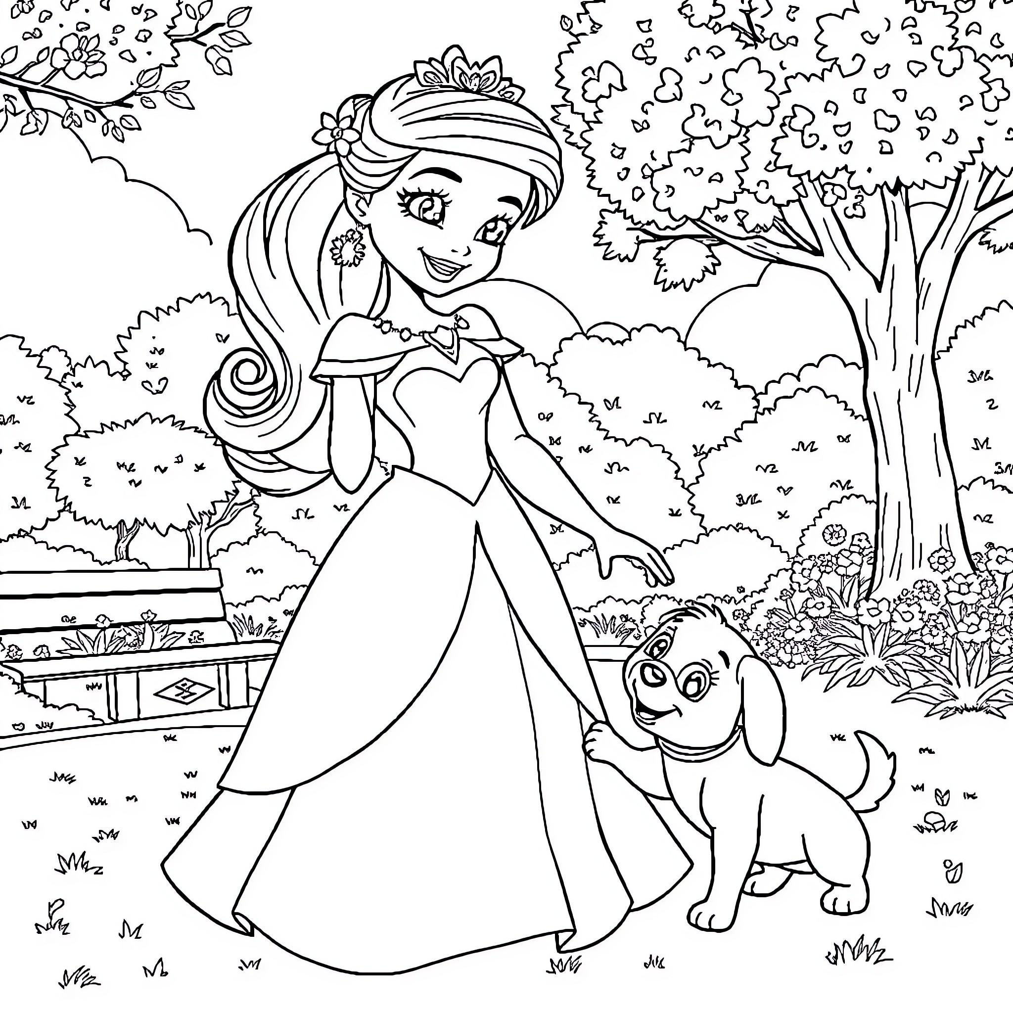 Princess strolling through the enchanted garden with her companion Coloring Page (free black-and-white line drawing printable PDF for all, from beginners to advanced learners, including children, teens, adults, and seniors)