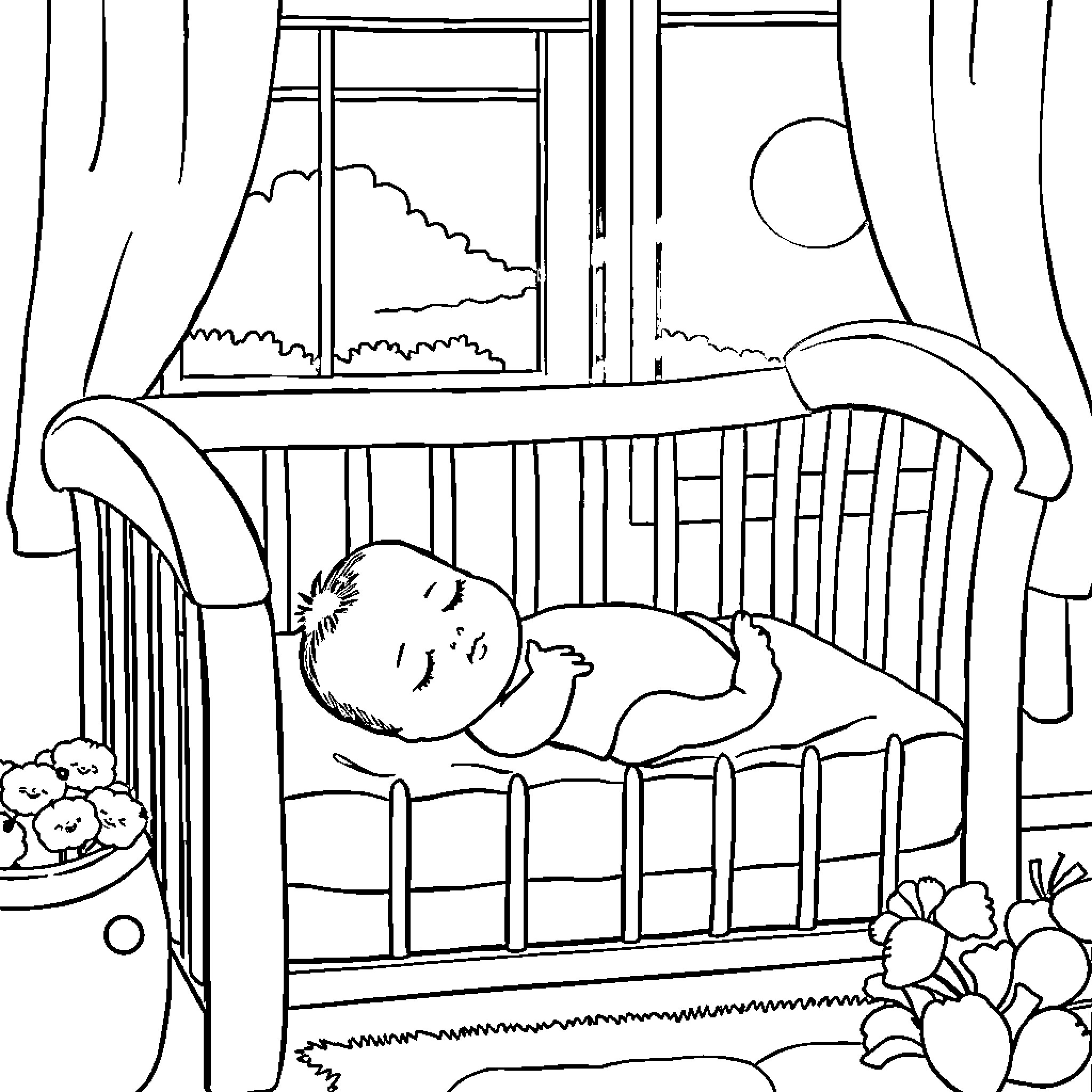 Baby sleeping peacefully in crib at night Coloring Page (free black-and-white line drawing printable PDF for all, from beginners to advanced learners, including children, teens, adults, and seniors)