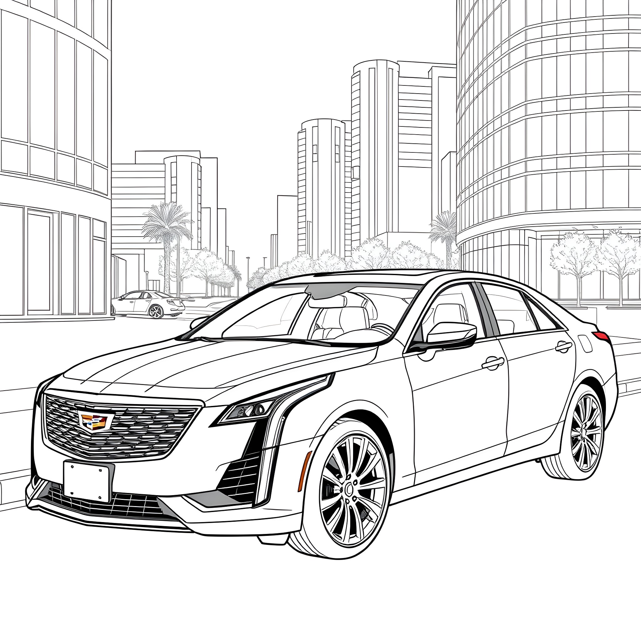 Cadillac luxury sedan in modern urban landscape Coloring Page (free black-and-white line drawing printable PDF for all, from beginners to advanced learners, including children, teens, adults, and seniors)